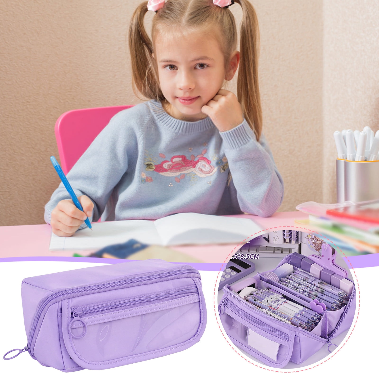 Multi-layer Cloth Pencil Case, Large Capacity Pen Pouch, Pen Stationery Organizer, Portable Art Supply Marker Storage Pencil Box for Office, Home, Travel(Purple) Purple - Image 4