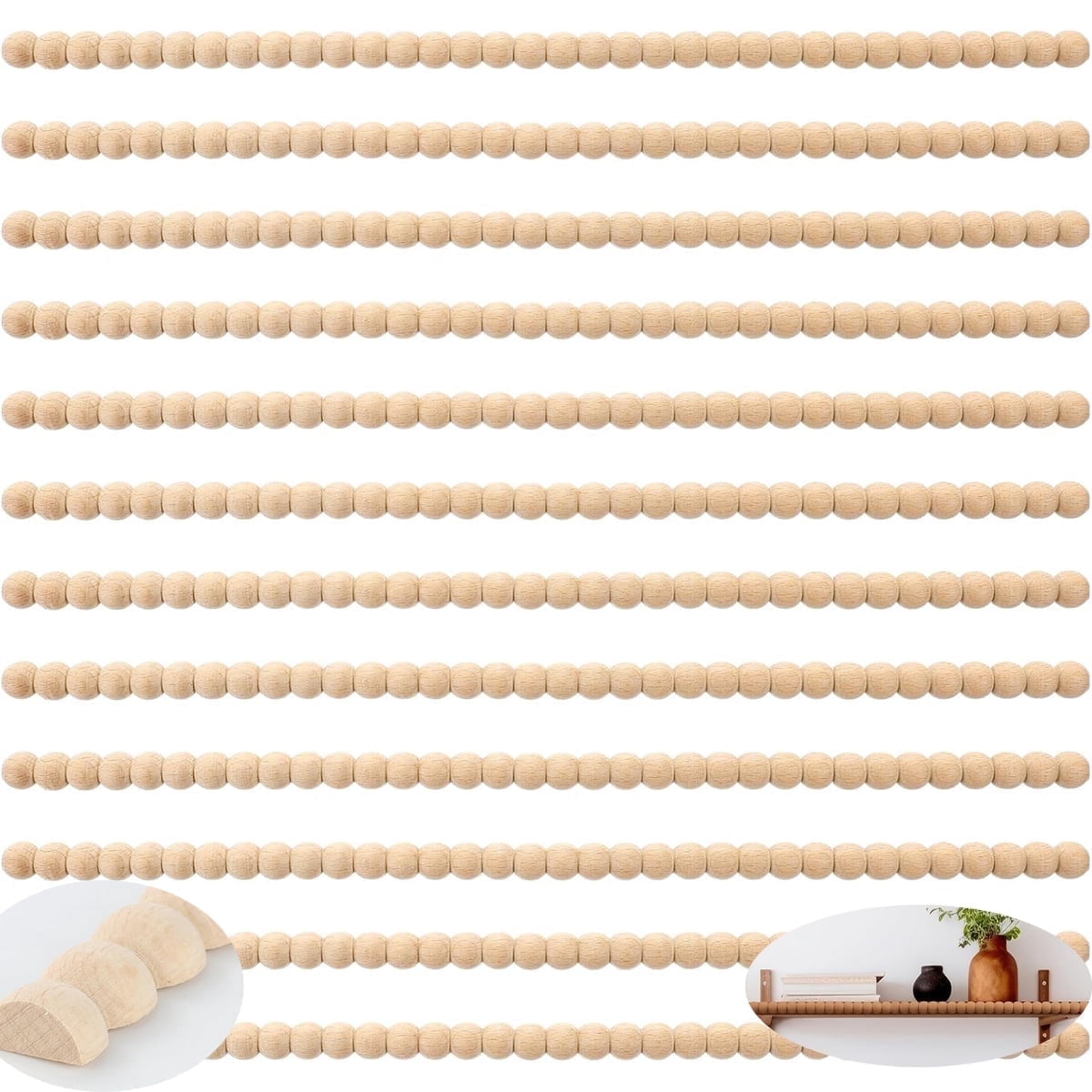Tutuviw 12 Pcs Decorative Half Wooden Beads Trim Molding Half Wooden Beads Trim Molding 15. 75 in Unfinished 3D Decorative Bead Pearl Wood Molding Cute DIY Moulding Trim for Home Wall Cabinet Shelf - Image 1