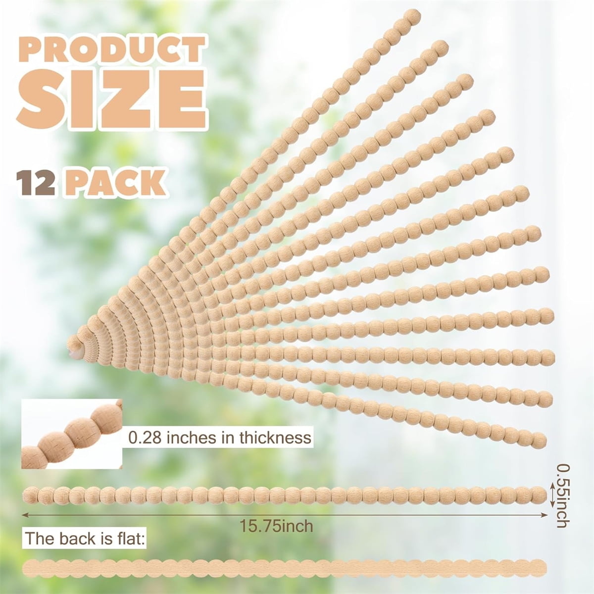 Tutuviw 12 Pcs Decorative Half Wooden Beads Trim Molding Half Wooden Beads Trim Molding 15. 75 in Unfinished 3D Decorative Bead Pearl Wood Molding Cute DIY Moulding Trim for Home Wall Cabinet Shelf - Image 2