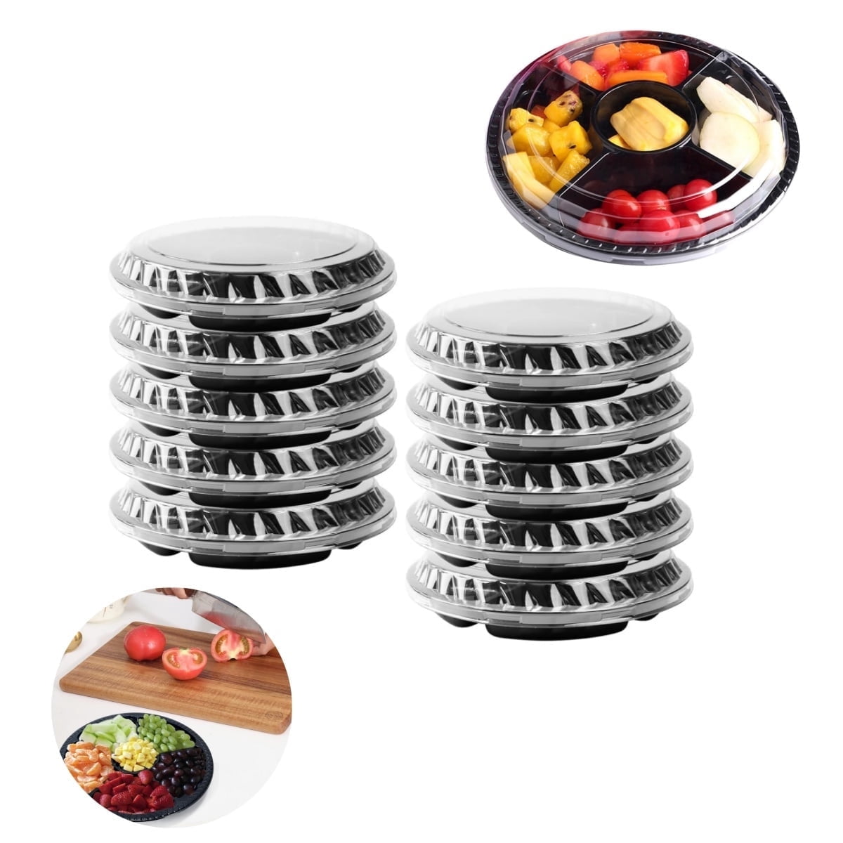 QZS Plastic Veggie Tray,Disposable Fruit Tray with 6 Compartment,10Pack Catering Vegetable Container for Food Salad,Sandwich,10.4x10.4x2In - Image 1