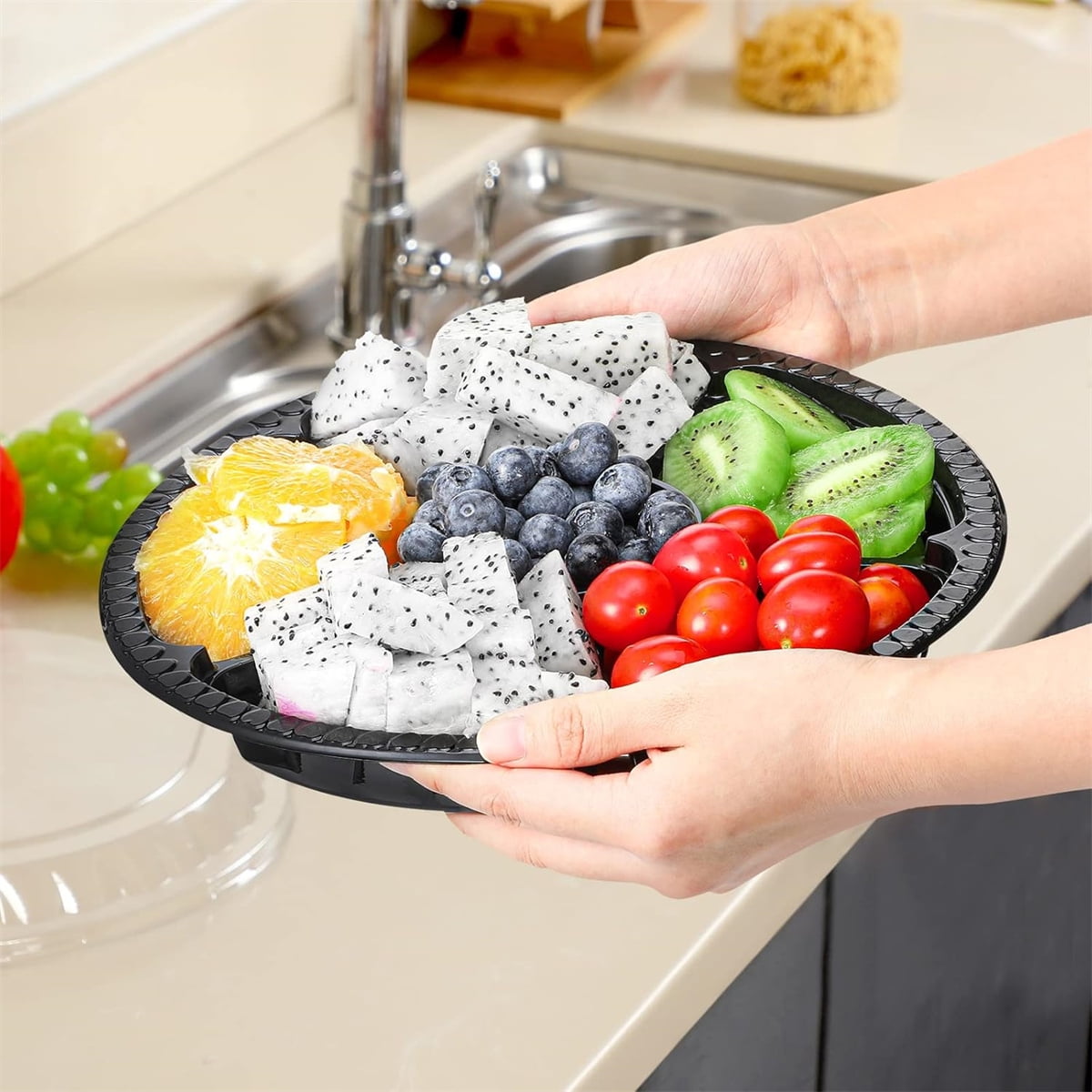 QZS Plastic Veggie Tray,Disposable Fruit Tray with 6 Compartment,10Pack Catering Vegetable Container for Food Salad,Sandwich,10.4x10.4x2In - Image 3