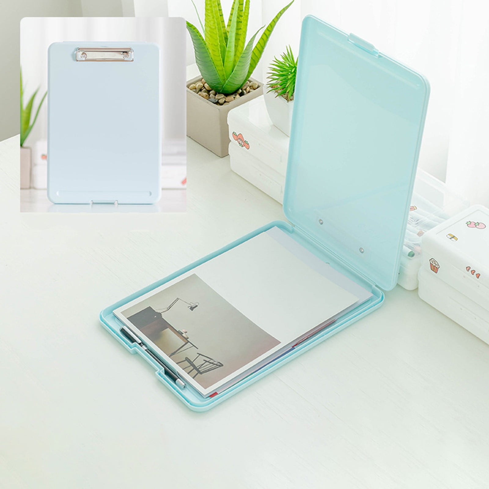Clipboard with Storage File Box, Foldable A4 Large Capacity Clip Boards Folder, Plastic Clipboard with Pen Holder for Office Supplies(Mint Green) Blue - Image 1