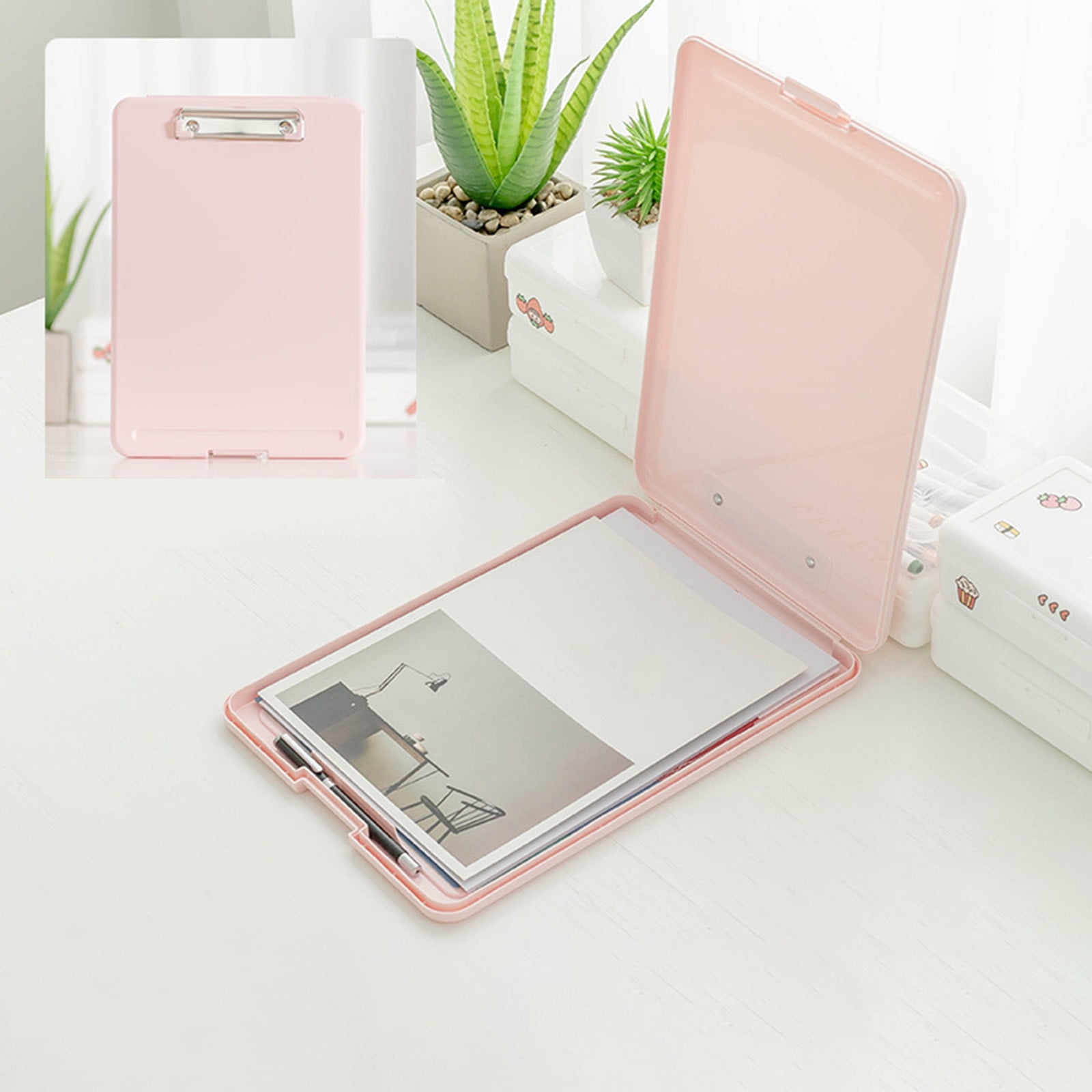 Clipboard with Storage File Box, Foldable A4 Large Capacity Clip Boards Folder, Plastic Clipboard with Pen Holder for Office Supplies(Mint Green) Pink - Image 1