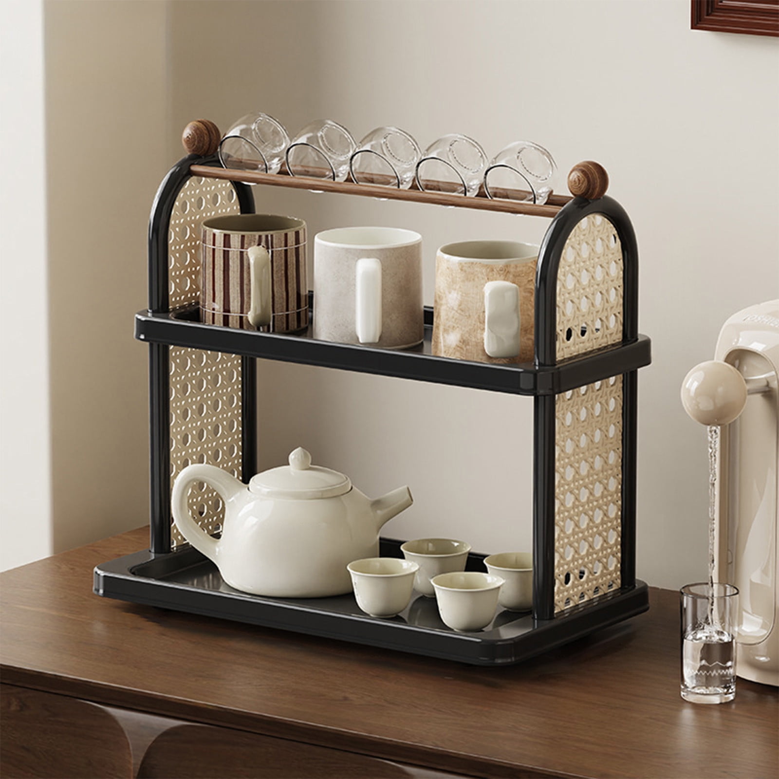 Tea Water Rack, Multi-Functional Storage Rack, Multi Layer Cup Storage Rack, Multi-function Rack Desktop Storage Rack, Mul-tifunctional Wooden Tea Cup Station Countertop Stand Shel Black - Image 1