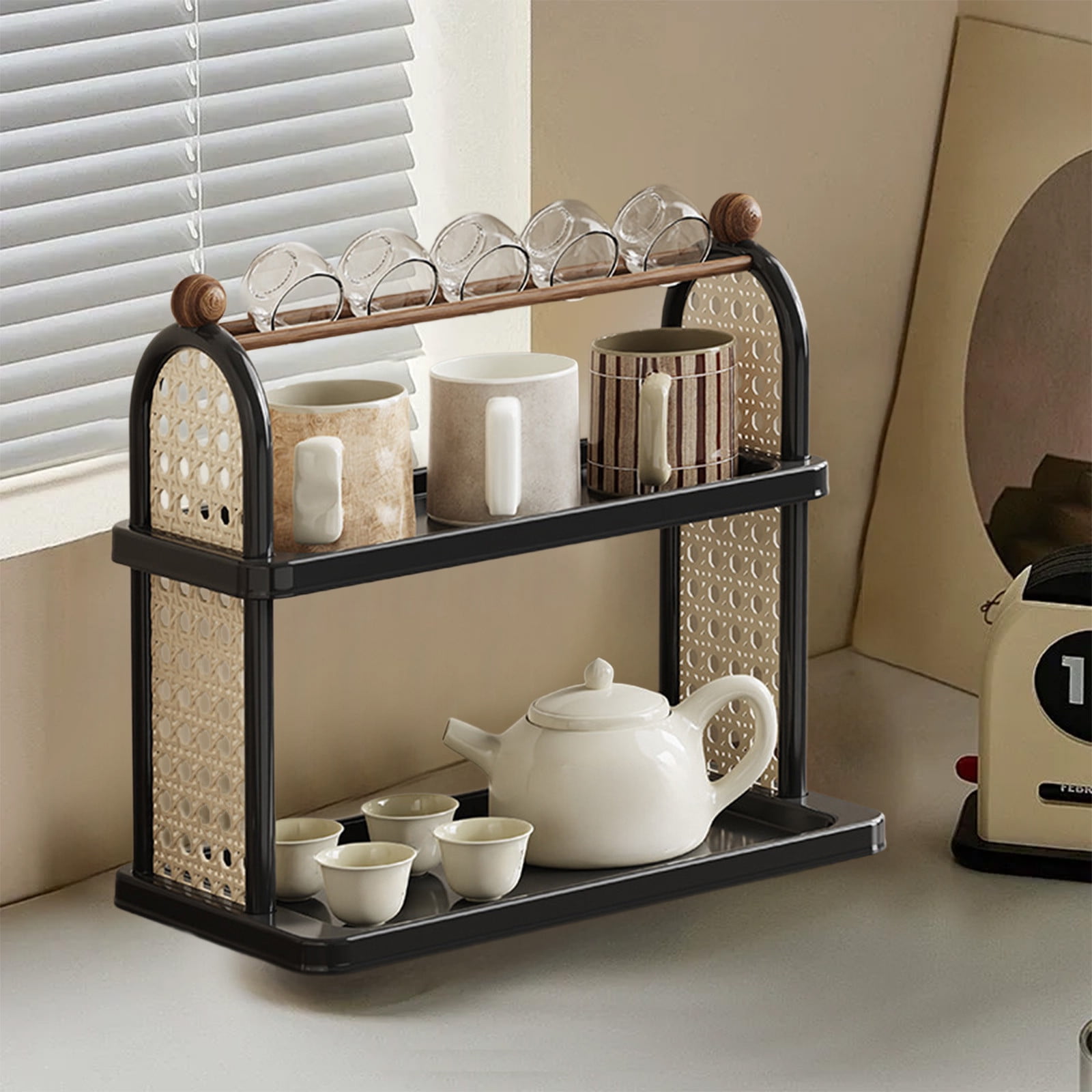 Tea Water Rack, Multi-Functional Storage Rack, Multi Layer Cup Storage Rack, Multi-function Rack Desktop Storage Rack, Mul-tifunctional Wooden Tea Cup Station Countertop Stand Shel Black - Image 5