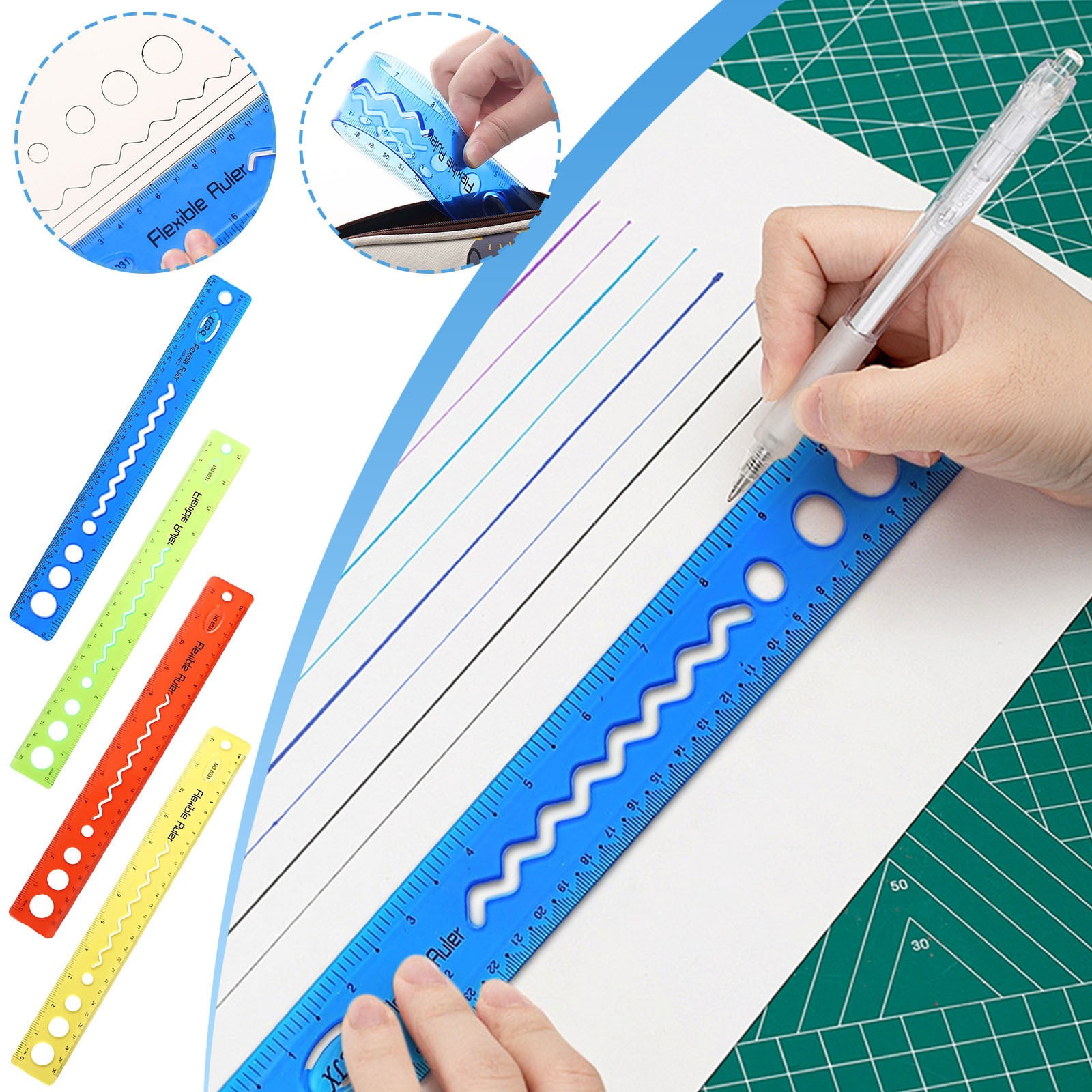 30cm/12inch Flexible Ruler, Rubber Plastic Ruler, Foldable Ruler Folding Soft Plastic Ruler, Shatterproof Straight Measuring Tools for Office Family Supplies(Blue) Red - Image 3