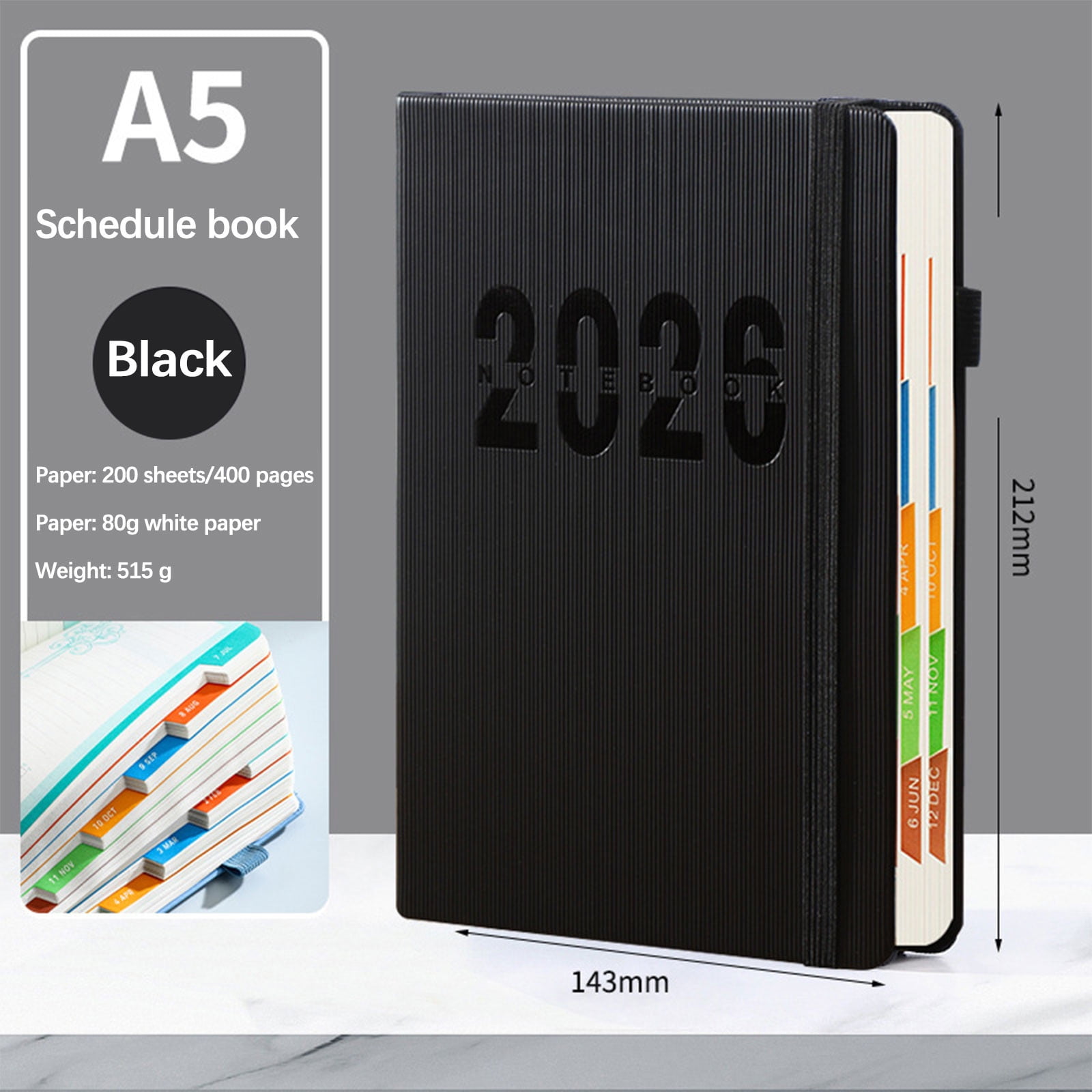 2026 Weekly Planner Notebook, Daily Planner Hardcover Calendar with Tabs and Pen Strap, 200 Pages Journaling Notebooks Daily Time Management Plan for Office Work(Purple) Black - Image 1