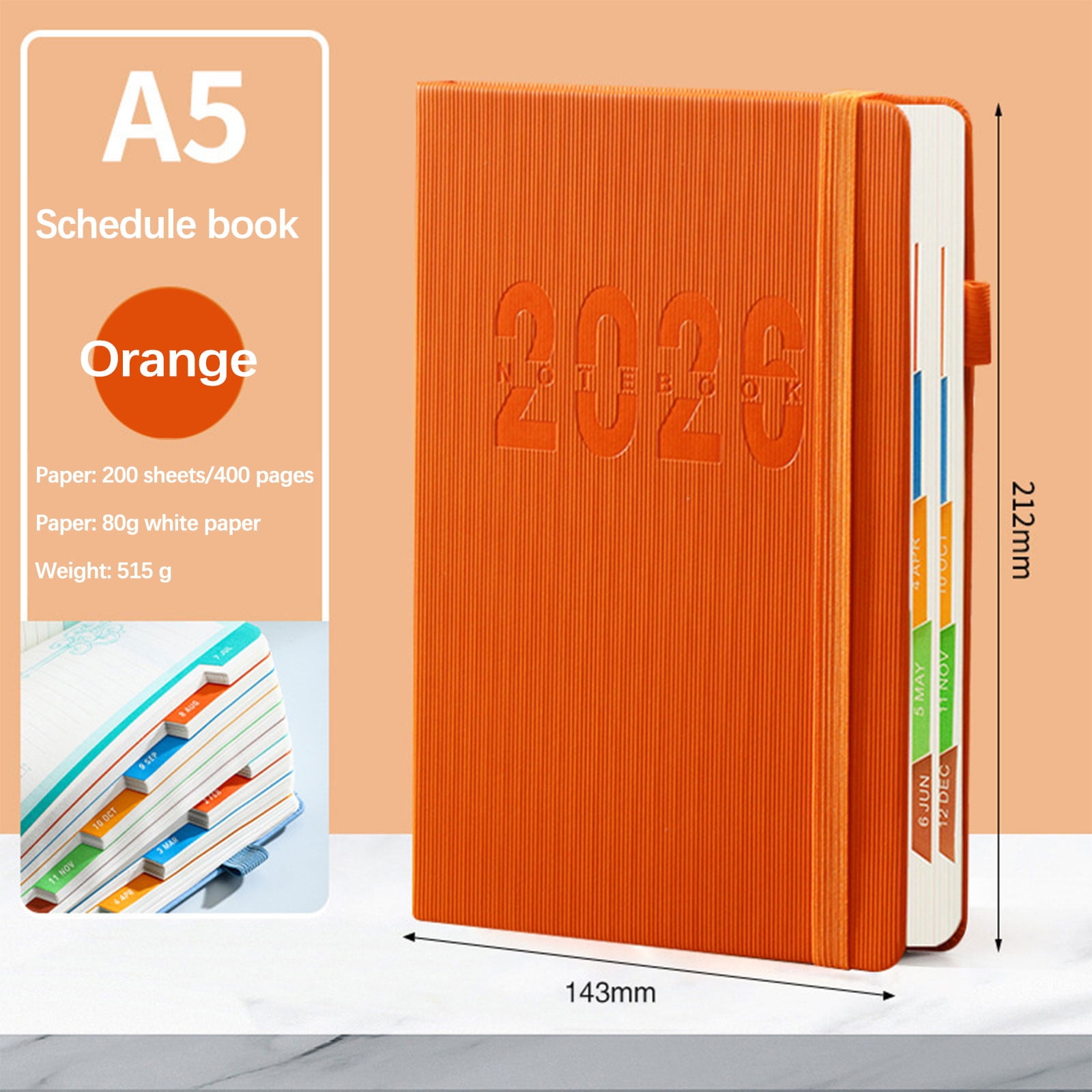 2026 Weekly Planner Notebook, Daily Planner Hardcover Calendar with Tabs and Pen Strap, 200 Pages Journaling Notebooks Daily Time Management Plan for Office Work(Purple) Orange - Image 1