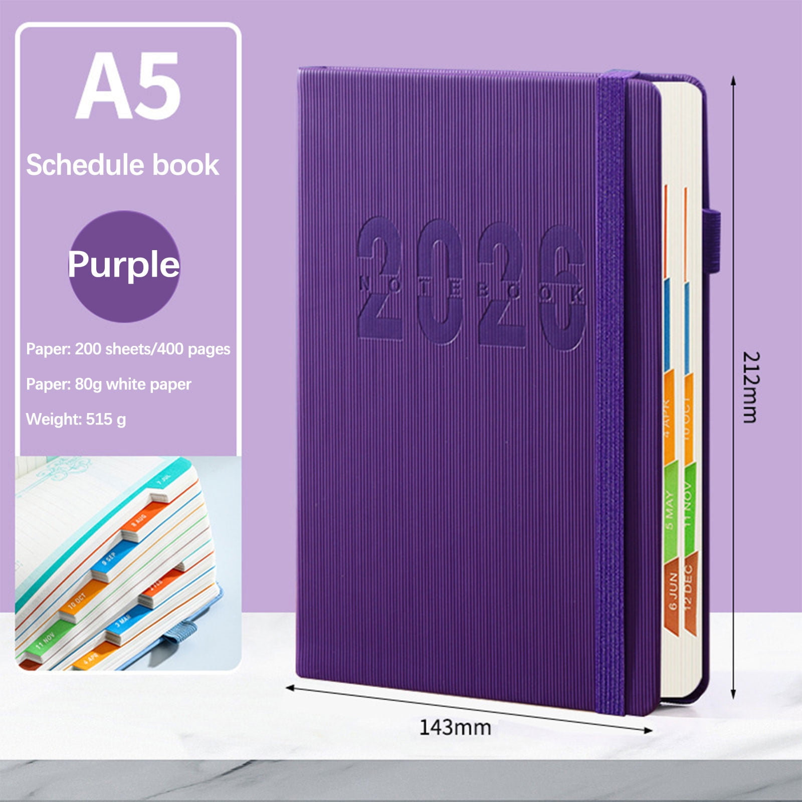 2026 Weekly Planner Notebook, Daily Planner Hardcover Calendar with Tabs and Pen Strap, 200 Pages Journaling Notebooks Daily Time Management Plan for Office Work(Purple) Purple - Image 1