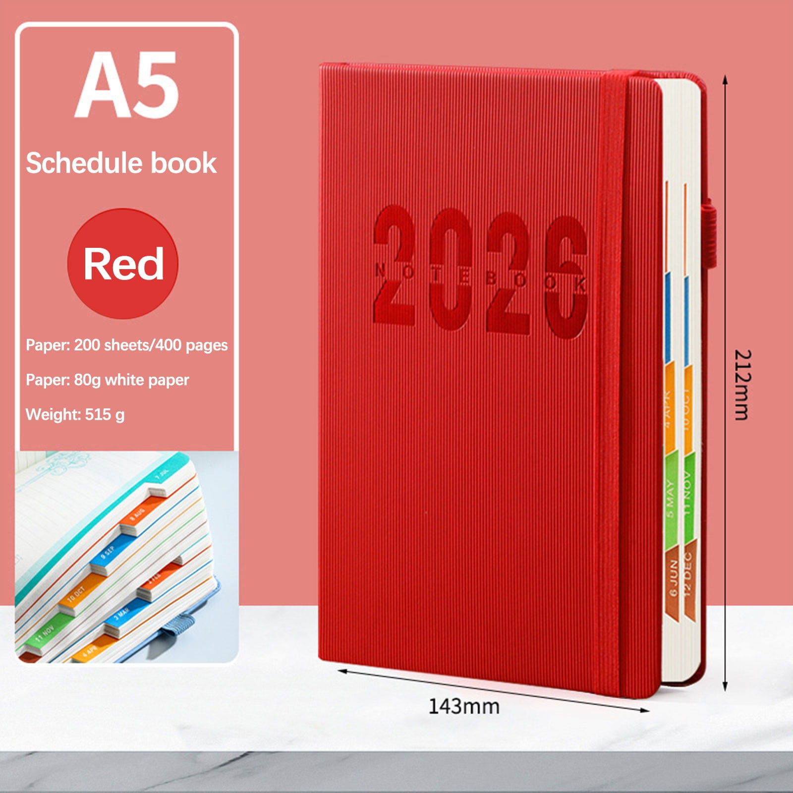 2026 Weekly Planner Notebook, Daily Planner Hardcover Calendar with Tabs and Pen Strap, 200 Pages Journaling Notebooks Daily Time Management Plan for Office Work(Purple) Red - Image 1