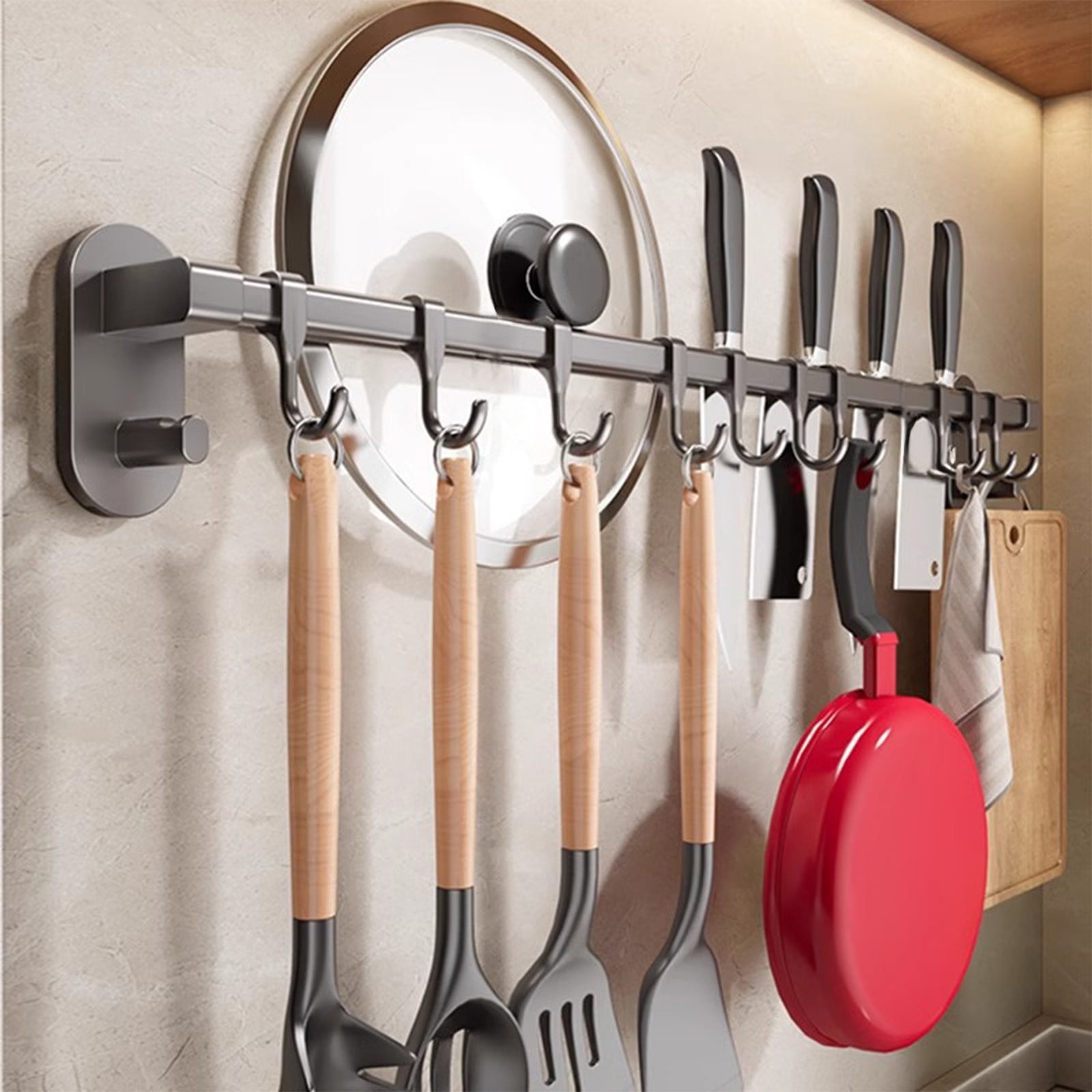 Kitchen Rail with Hooks, Pan and Pot Hangers for Kitchen Wall Mount, Kitchen Hook Rack, No Hole Hanging Rod Wall Mounted Storage Rack, Kitchen Utensil Rack with Removable S Hook, Aluminum Black - Image 1