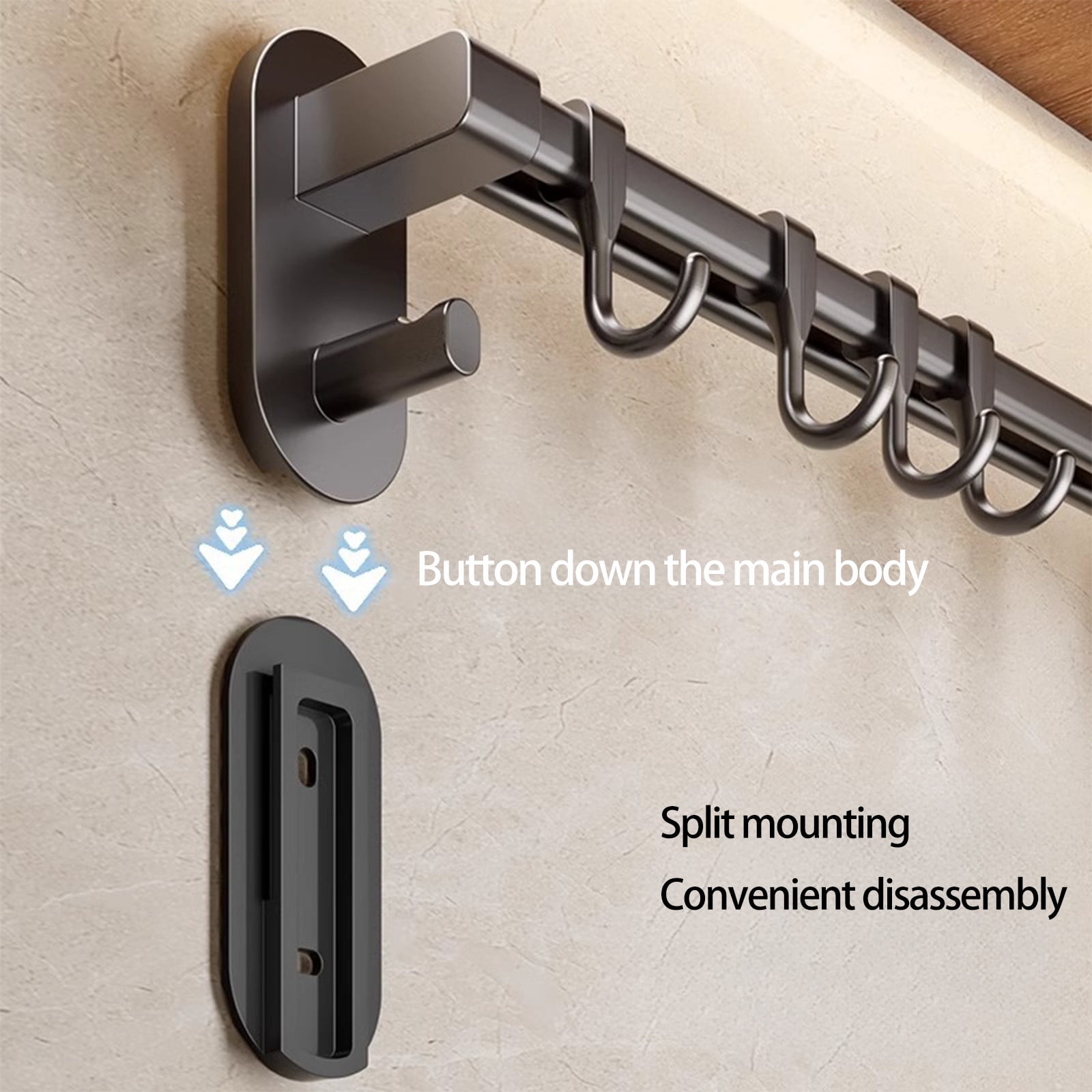 Kitchen Rail with Hooks, Pan and Pot Hangers for Kitchen Wall Mount, Kitchen Hook Rack, No Hole Hanging Rod Wall Mounted Storage Rack, Kitchen Utensil Rack with Removable S Hook, Aluminum Black - Image 4