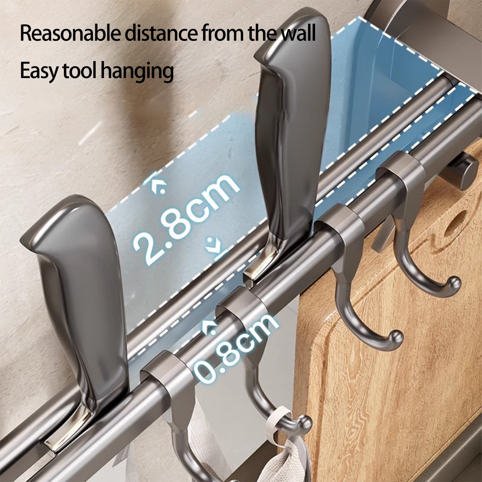 Kitchen Rail with Hooks, Pan and Pot Hangers for Kitchen Wall Mount, Kitchen Hook Rack, No Hole Hanging Rod Wall Mounted Storage Rack, Kitchen Utensil Rack with Removable S Hook, Aluminum Black - Image 6
