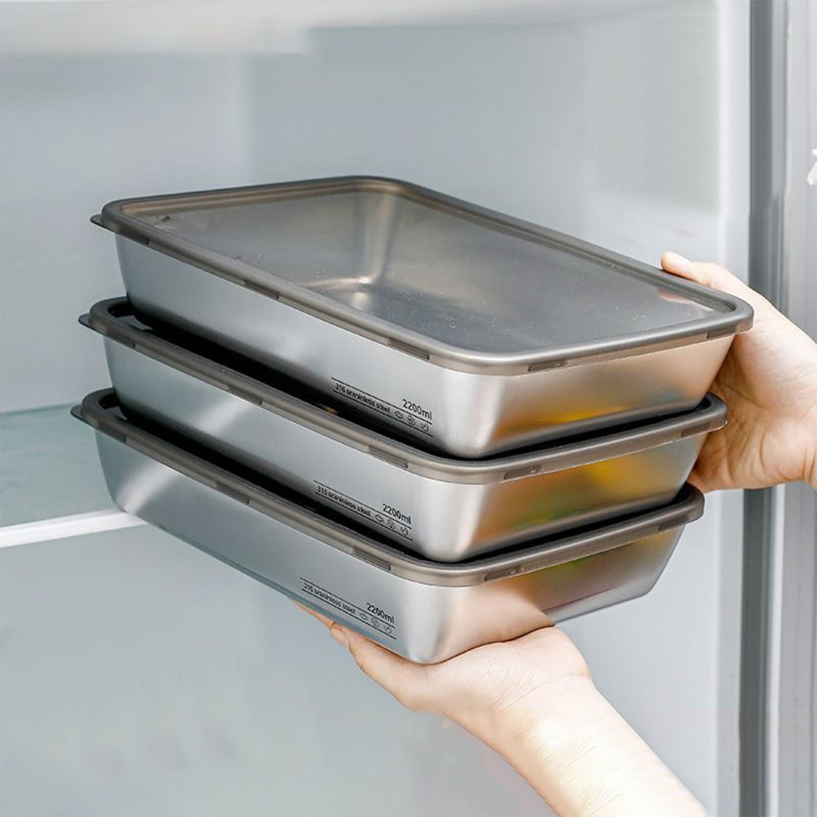 Large Stainless Steel Food Containers, Stainless Steel Dumpling Box, Rectangle Food Storage Box, Leak Proof Plastic Lid, Airtight Meat Storage Container, for Fridge, Kitchen, Dishwasher Safe Silver - Image 1