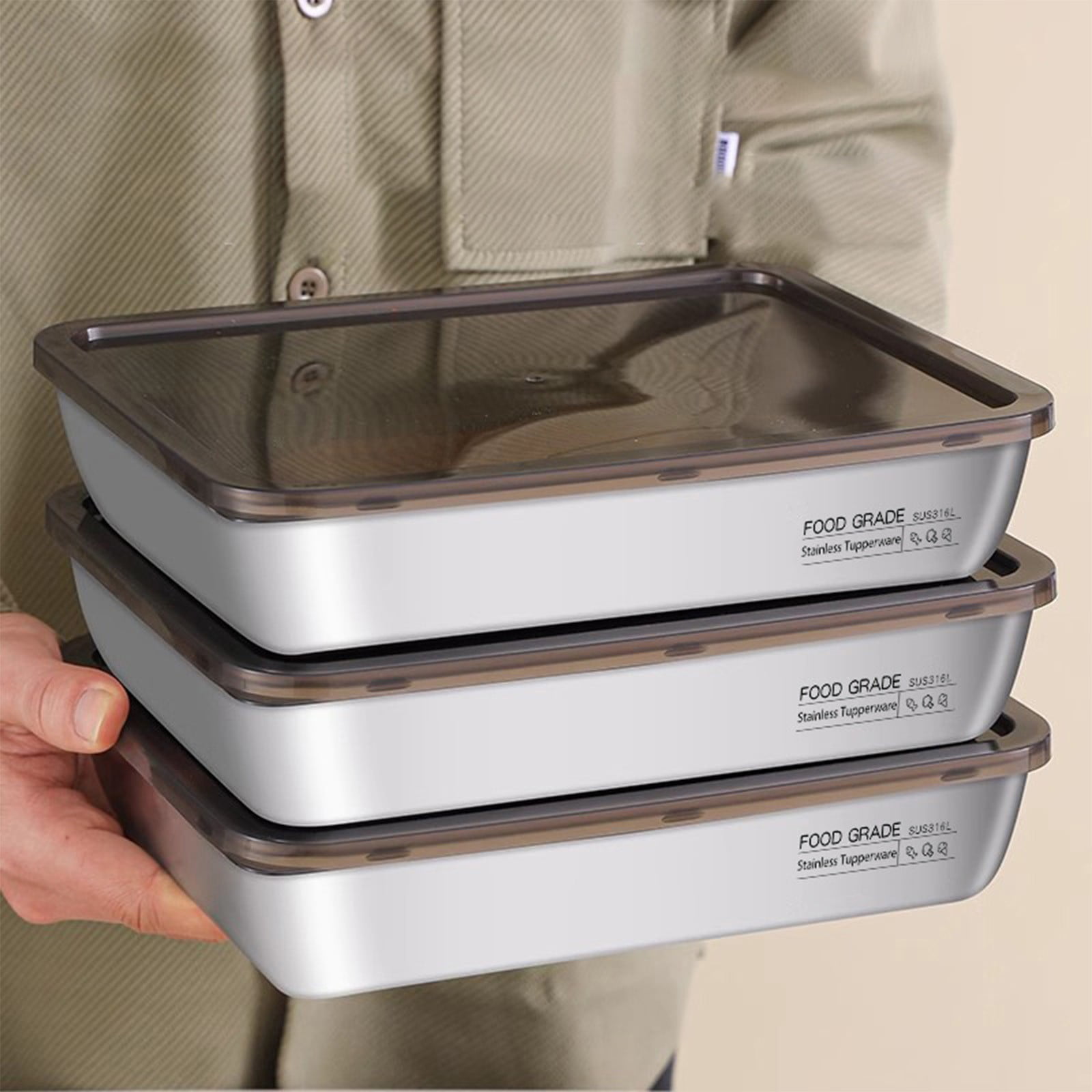 Large Stainless Steel Food Containers, Stainless Steel Dumpling Box, Rectangle Food Storage Box, Leak Proof Plastic Lid, Airtight Meat Storage Container, for Fridge, Kitchen, Dishwasher Safe Silver - Image 4