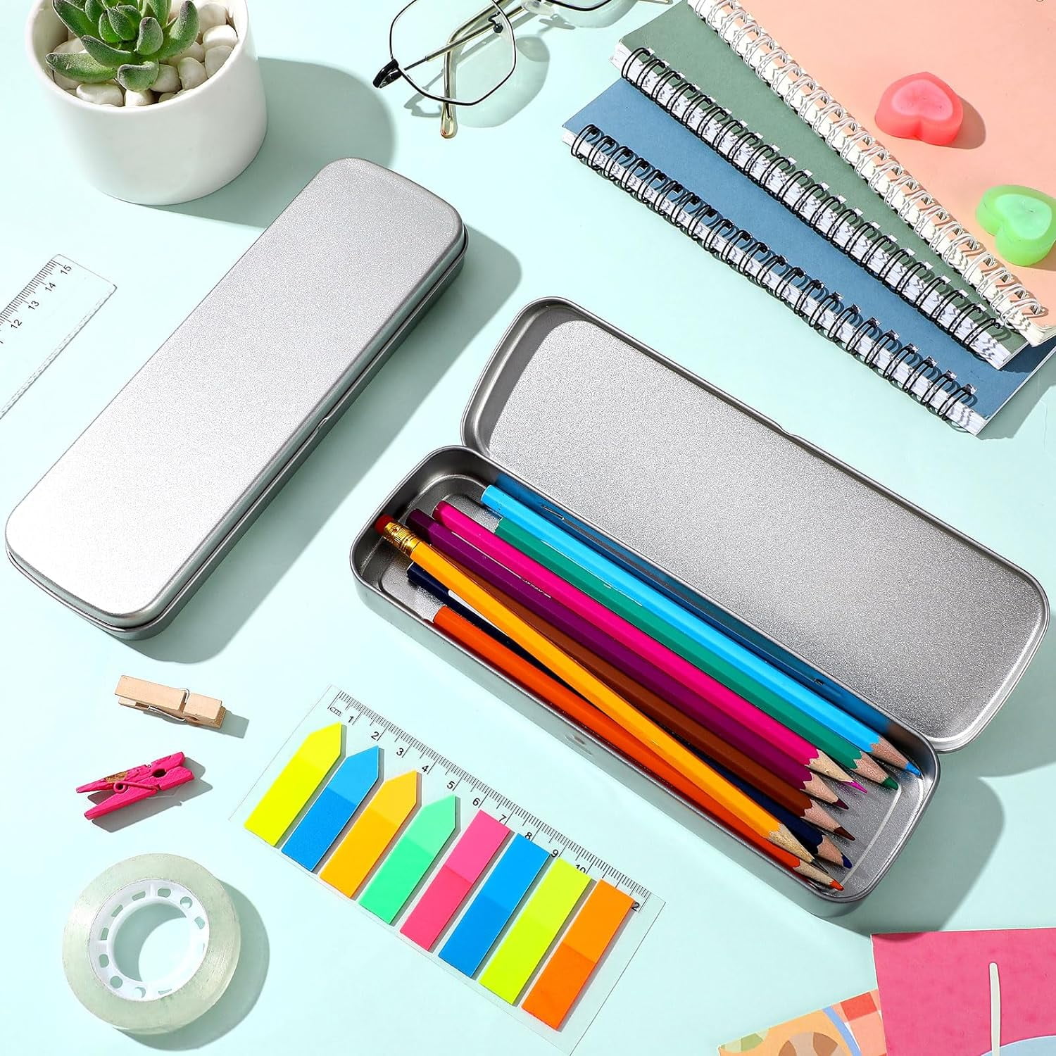 6 Pcs Tin Pencil Case Metal Pencil Case Empty Hinged Stainless Steel Box Rectangular for Brushes Crayon - Image 2