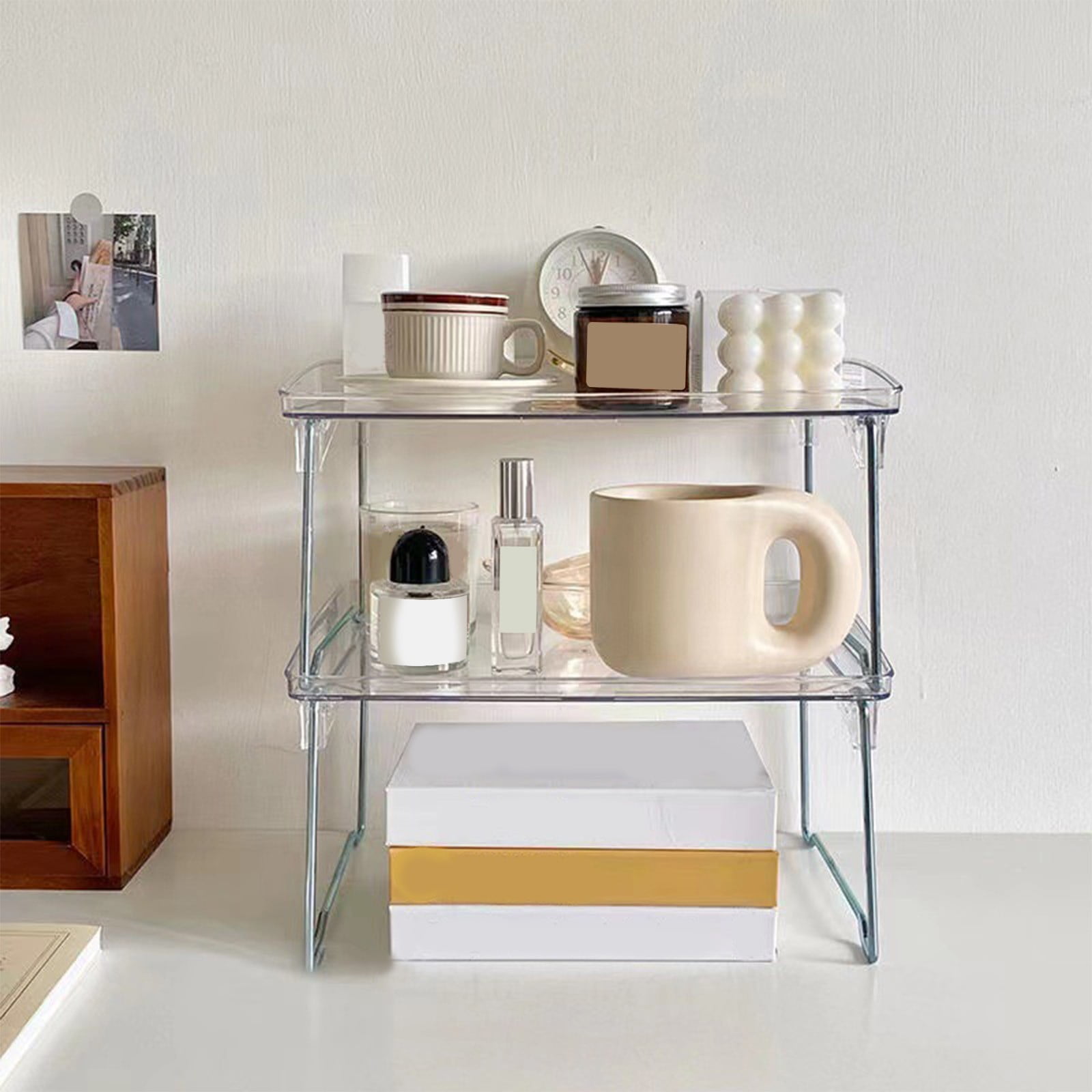 Cabinet Organizer Shelf, Stackable Kitchen Counter Shelves, Spice Rack, Countertop Organizers, Clear Plastic Storage Shelves Rack, for Makeup, Bathroom, Cupboard, Desk, Pantry Organization White - Image 1