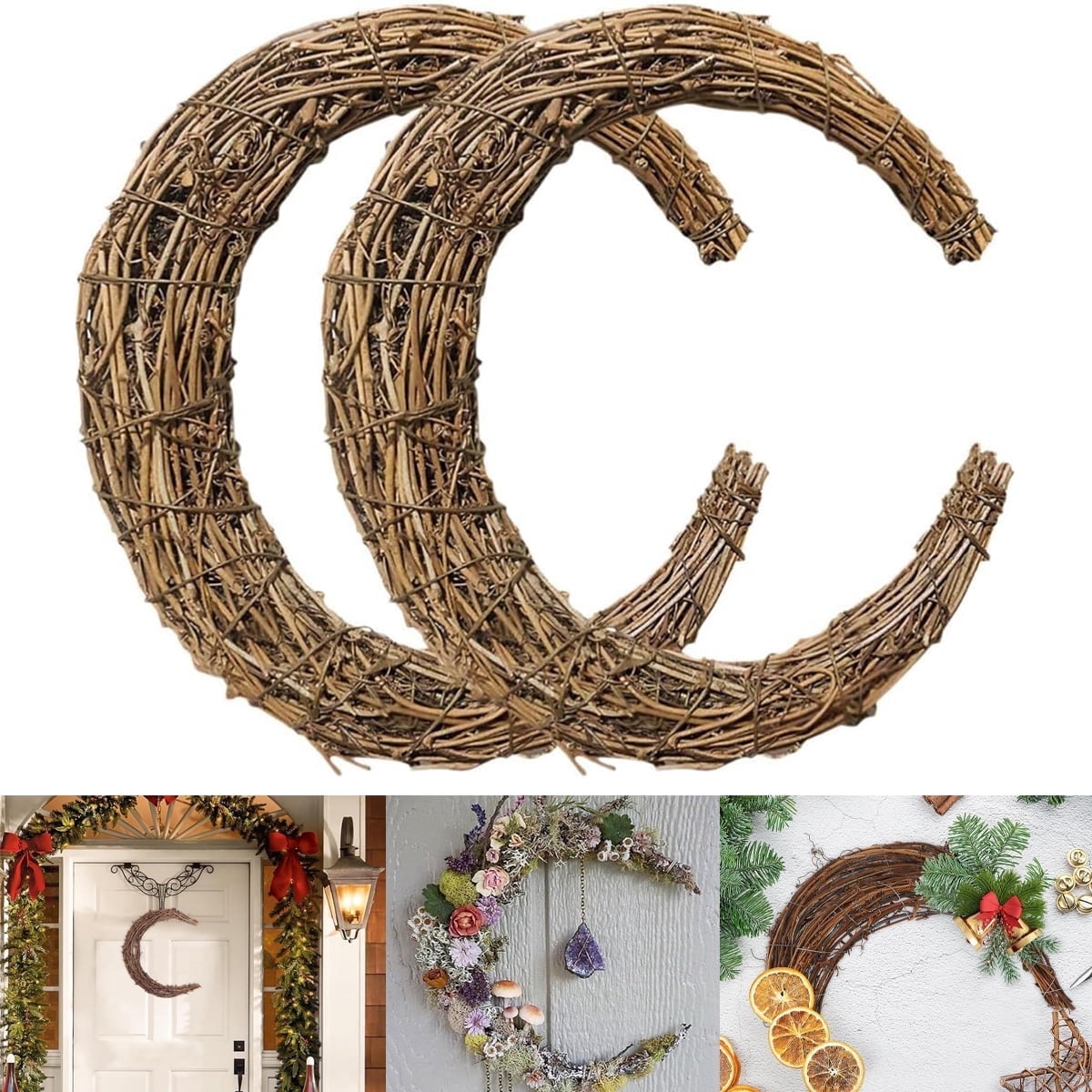 Tutuviw Rattan Crescent Moon Shaped Wreath Grapevine Wreath 11.8in Natural Rattan Wreath Vine Branch Wreath Garland Floral Hoop Ring Wooden Half Moon Decor for DIY Crafts Christmas - Image 1