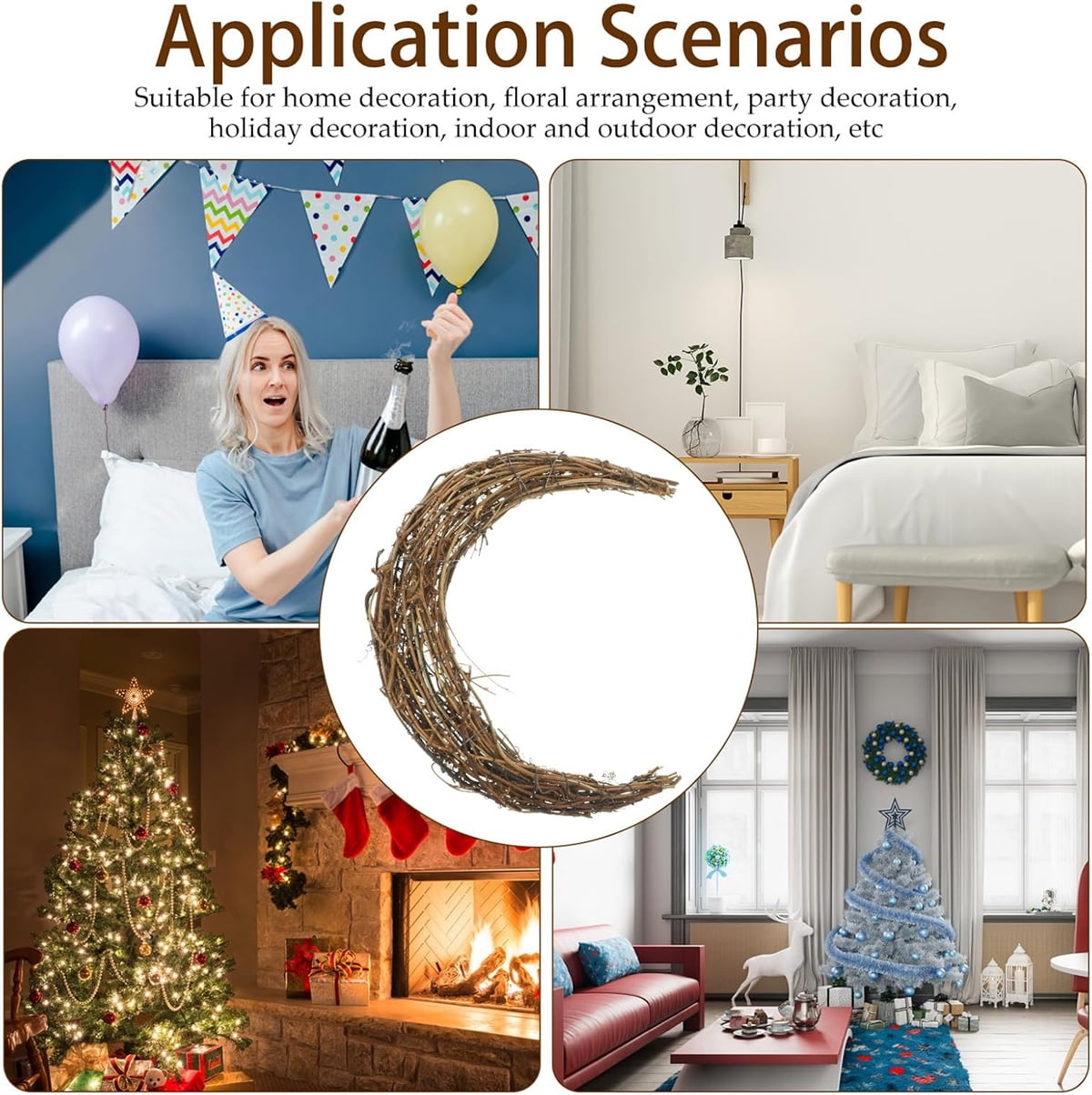 Tutuviw Rattan Crescent Moon Shaped Wreath Grapevine Wreath 11.8in Natural Rattan Wreath Vine Branch Wreath Garland Floral Hoop Ring Wooden Half Moon Decor for DIY Crafts Christmas - Image 5