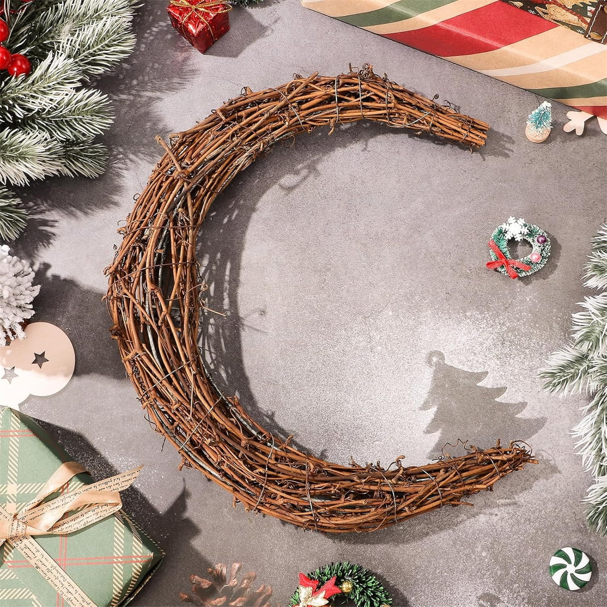 Tutuviw Rattan Crescent Moon Shaped Wreath Grapevine Wreath 11.8in Natural Rattan Wreath Vine Branch Wreath Garland Floral Hoop Ring Wooden Half Moon Decor for DIY Crafts Christmas - Image 7