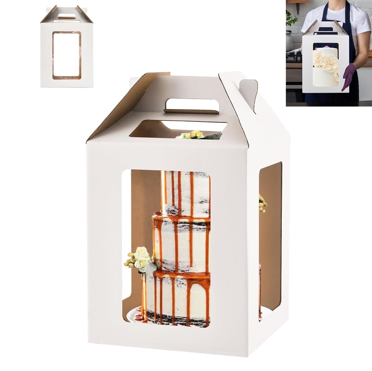 Tutuviw Tall Cake Boxes Tiered Cake Box with Clear Windows and Handle 12 x 18in Tall Cake Carrier,Layer Tall Baking Carrier,Layer Tier Cake Boxes Cake Containers for Birthday Wedding Party Festival 18