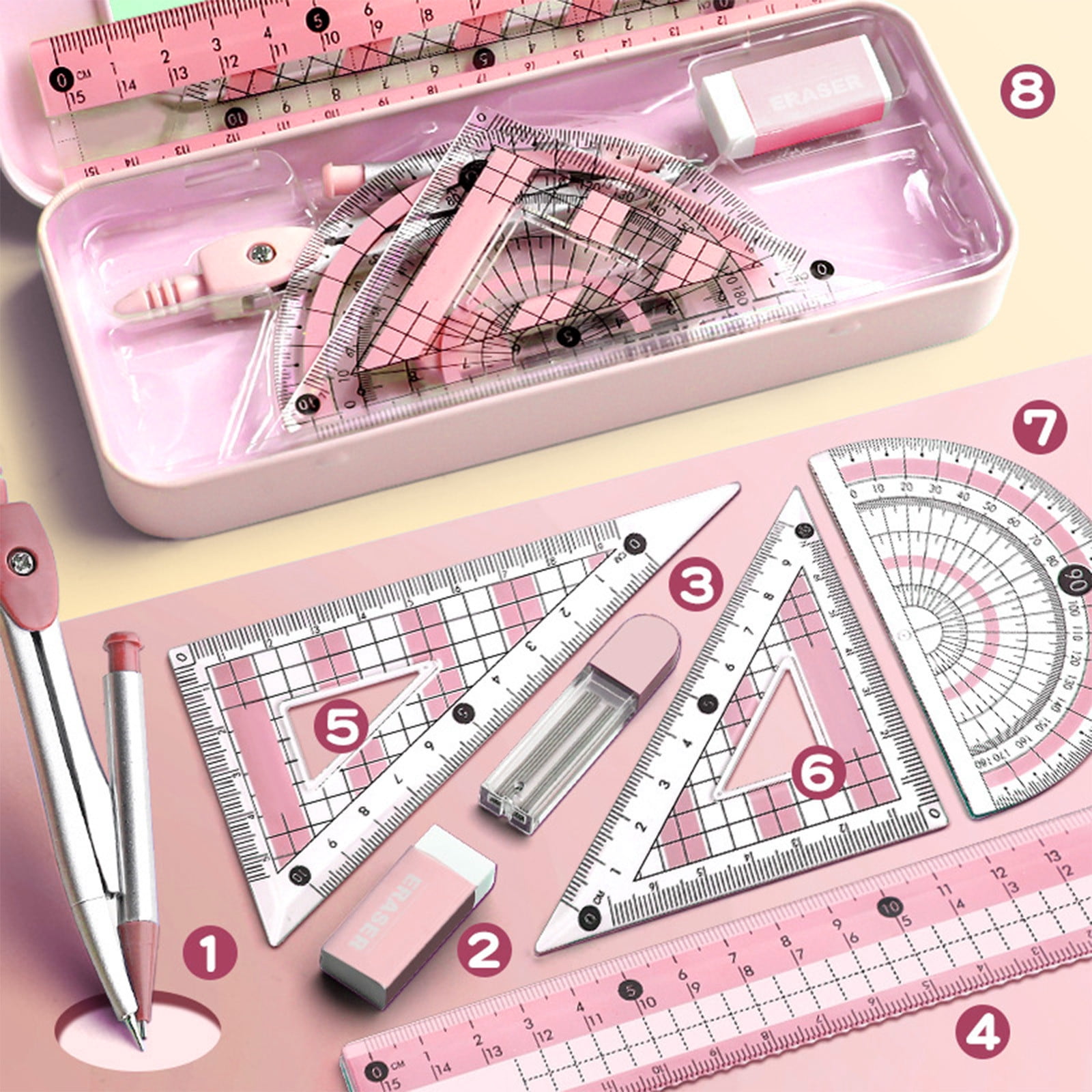 Compass Geometry Tool, Protractor and Compass Set, Metal Box Drawing Compass with Rulers, Math Compass Kit, Shatterproof Storage Box, for Stationery Supplies Purple - Image 1