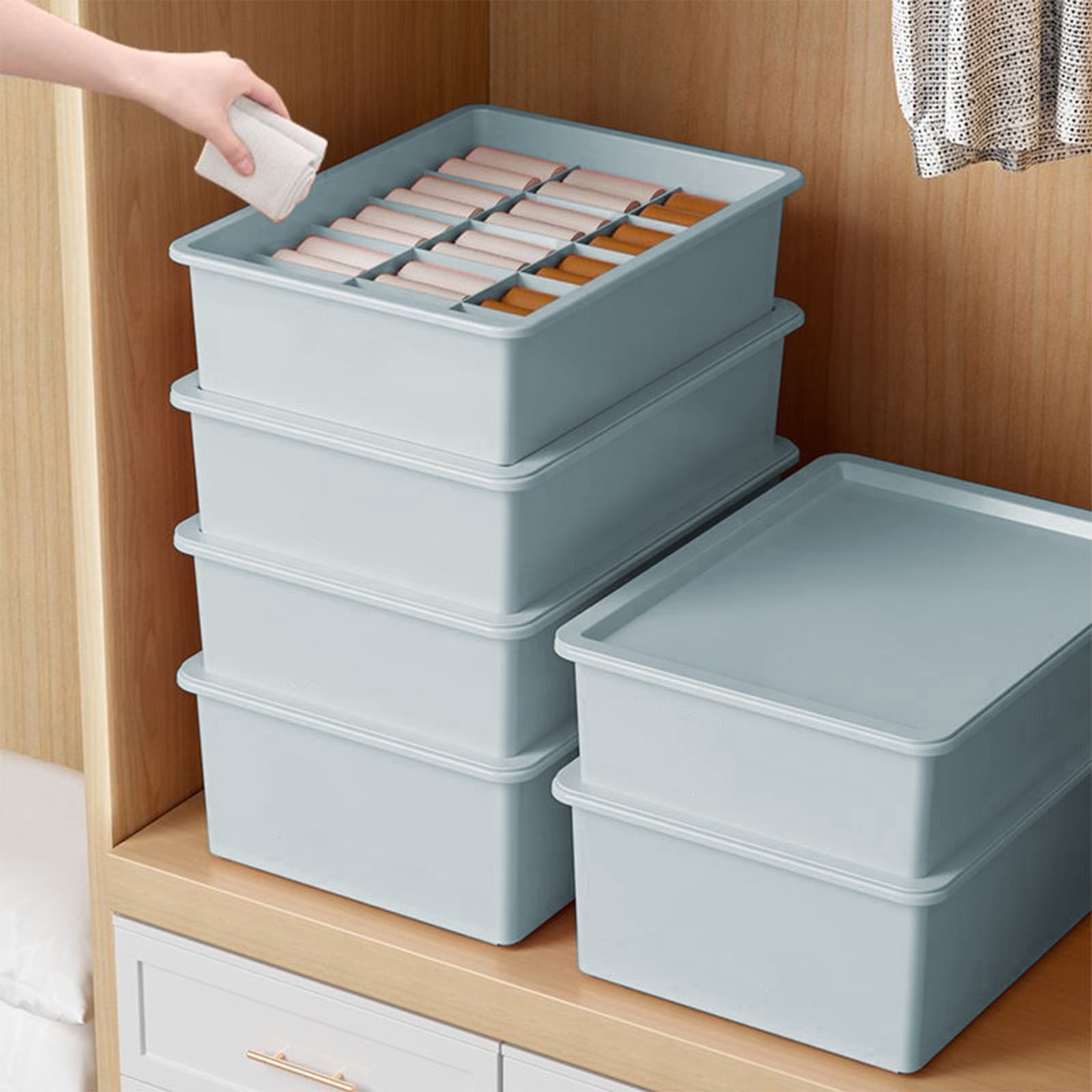 Sock Underwear Drawer Organzier Divider, 15 Compartments Removable Divided Plastic Storage Bin with Lid, Storage Organizer Sock Holders Organizers for Scarves Ties Belts(White) Blue - Image 1