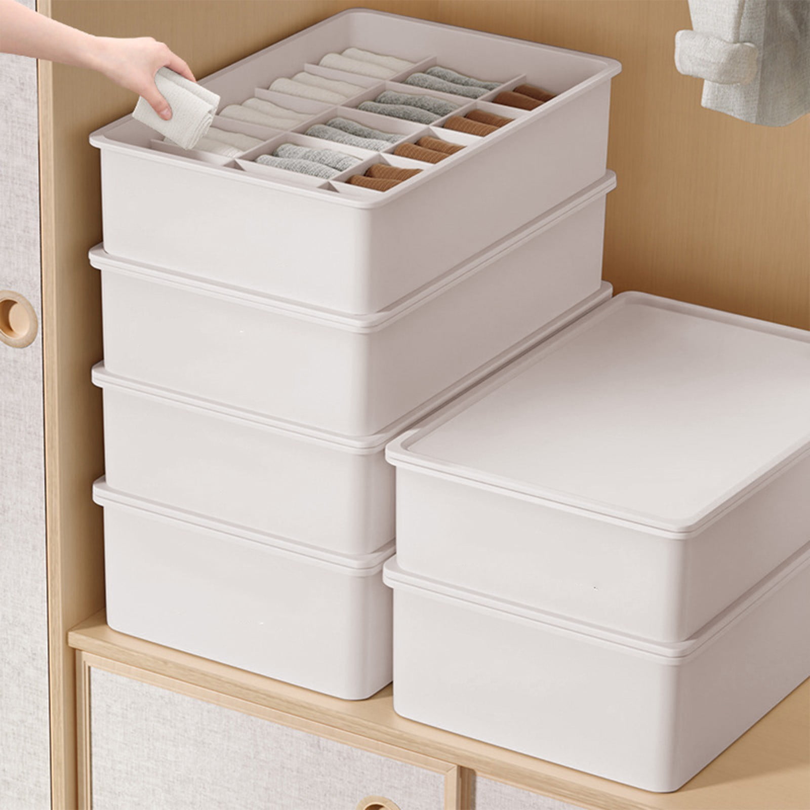 Sock Underwear Drawer Organzier Divider, 15 Compartments Removable Divided Plastic Storage Bin with Lid, Storage Organizer Sock Holders Organizers for Scarves Ties Belts(White) White - Image 1