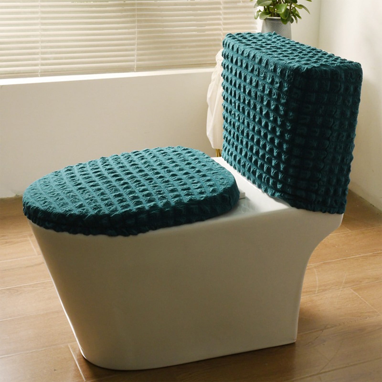Toilet Lid Cover and Toilet Tank Cover Stretch Toilet Covers Set for Bathroom, Split Toilet Cover, Polyester Spandex Fabric, Machine Washable, with Elastic Bottom, All Season Household White - Image 1
