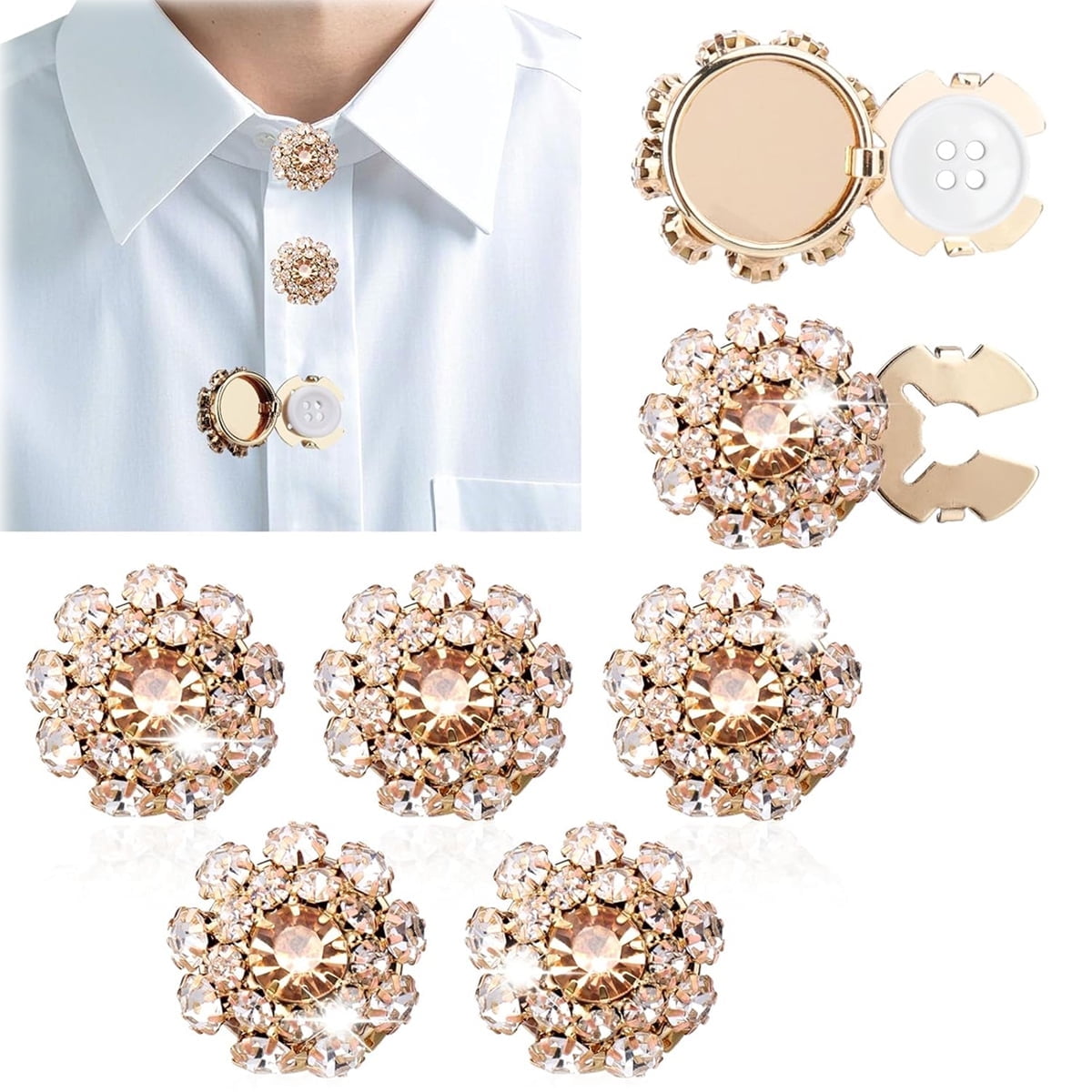Rhinestone Button Cover Tutuviw 5 Pcs Golden Crystal Cover for Women Blouses Detachable Shirt Clips Buttons Crystal Fancy Buttons for Dress Suit Jeans Clothing DIY Holiday Decoration Embellishments Gold - Image 1