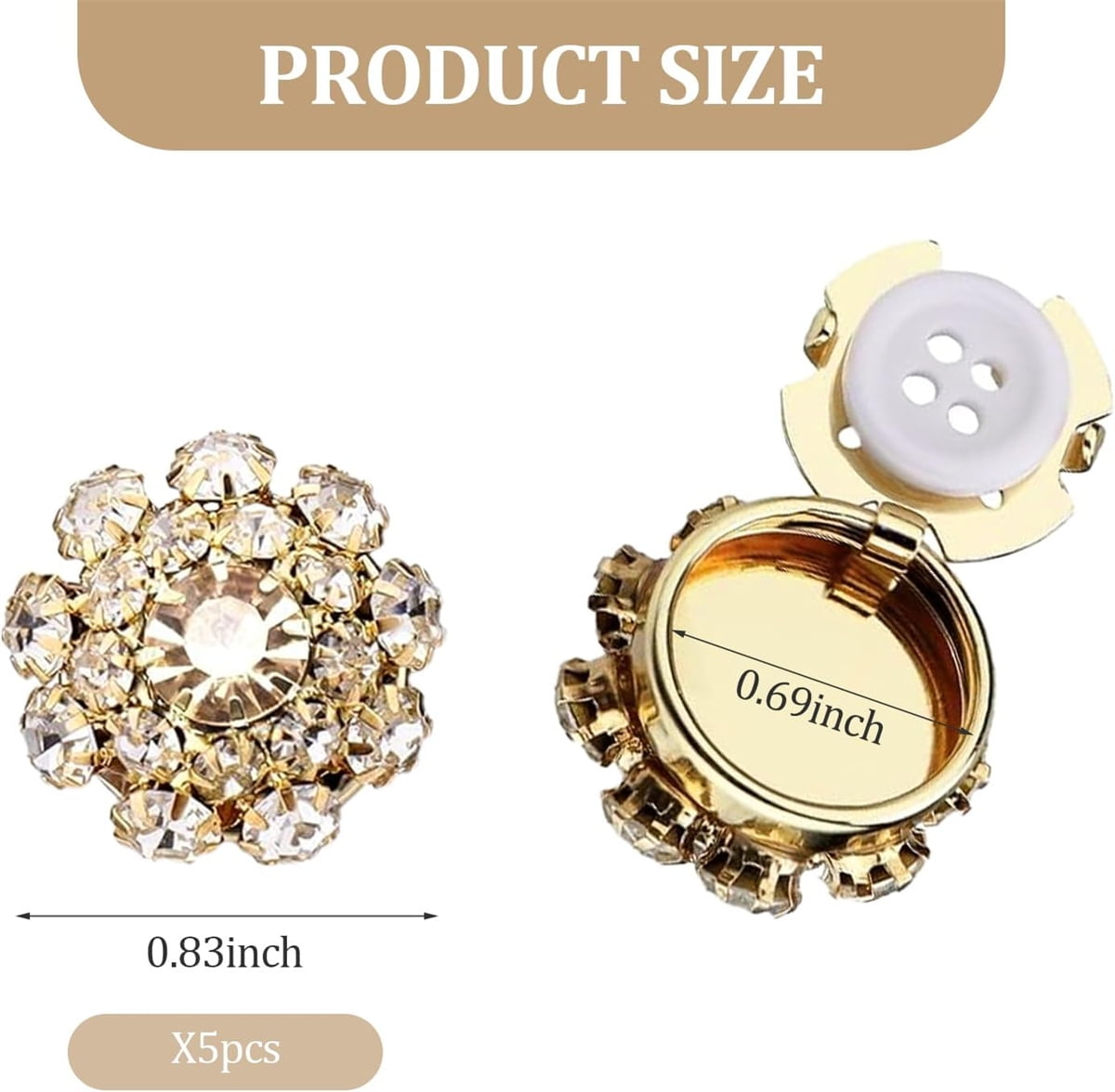 Rhinestone Button Cover Tutuviw 5 Pcs Golden Crystal Cover for Women Blouses Detachable Shirt Clips Buttons Crystal Fancy Buttons for Dress Suit Jeans Clothing DIY Holiday Decoration Embellishments Gold - Image 2
