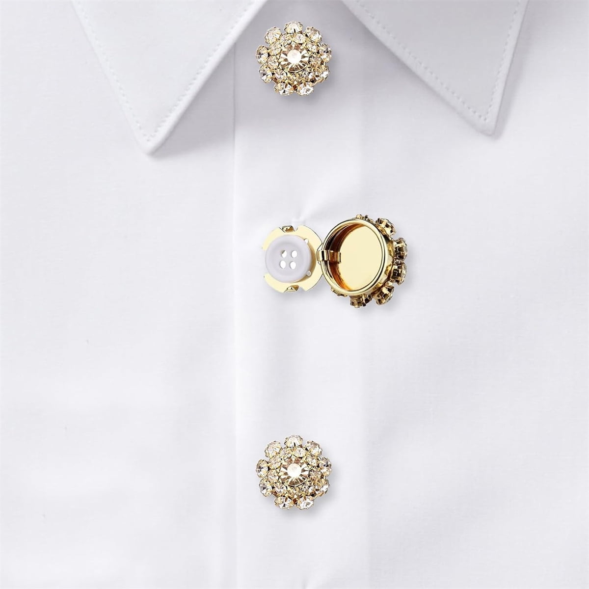 Rhinestone Button Cover Tutuviw 5 Pcs Golden Crystal Cover for Women Blouses Detachable Shirt Clips Buttons Crystal Fancy Buttons for Dress Suit Jeans Clothing DIY Holiday Decoration Embellishments Gold - Image 3