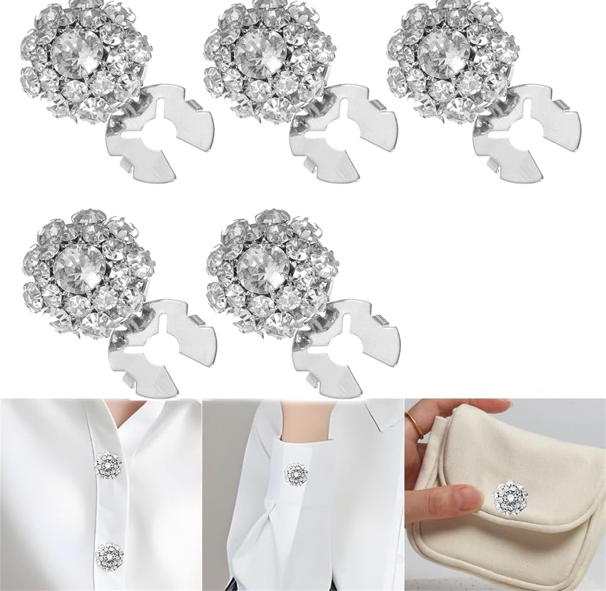 Rhinestone Button Cover Tutuviw 5 Pcs Golden Crystal Cover for Women Blouses Detachable Shirt Clips Buttons Crystal Fancy Buttons for Dress Suit Jeans Clothing DIY Holiday Decoration Embellishments Silver - Image 1