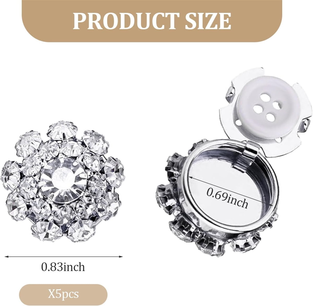Rhinestone Button Cover Tutuviw 5 Pcs Golden Crystal Cover for Women Blouses Detachable Shirt Clips Buttons Crystal Fancy Buttons for Dress Suit Jeans Clothing DIY Holiday Decoration Embellishments Silver - Image 2