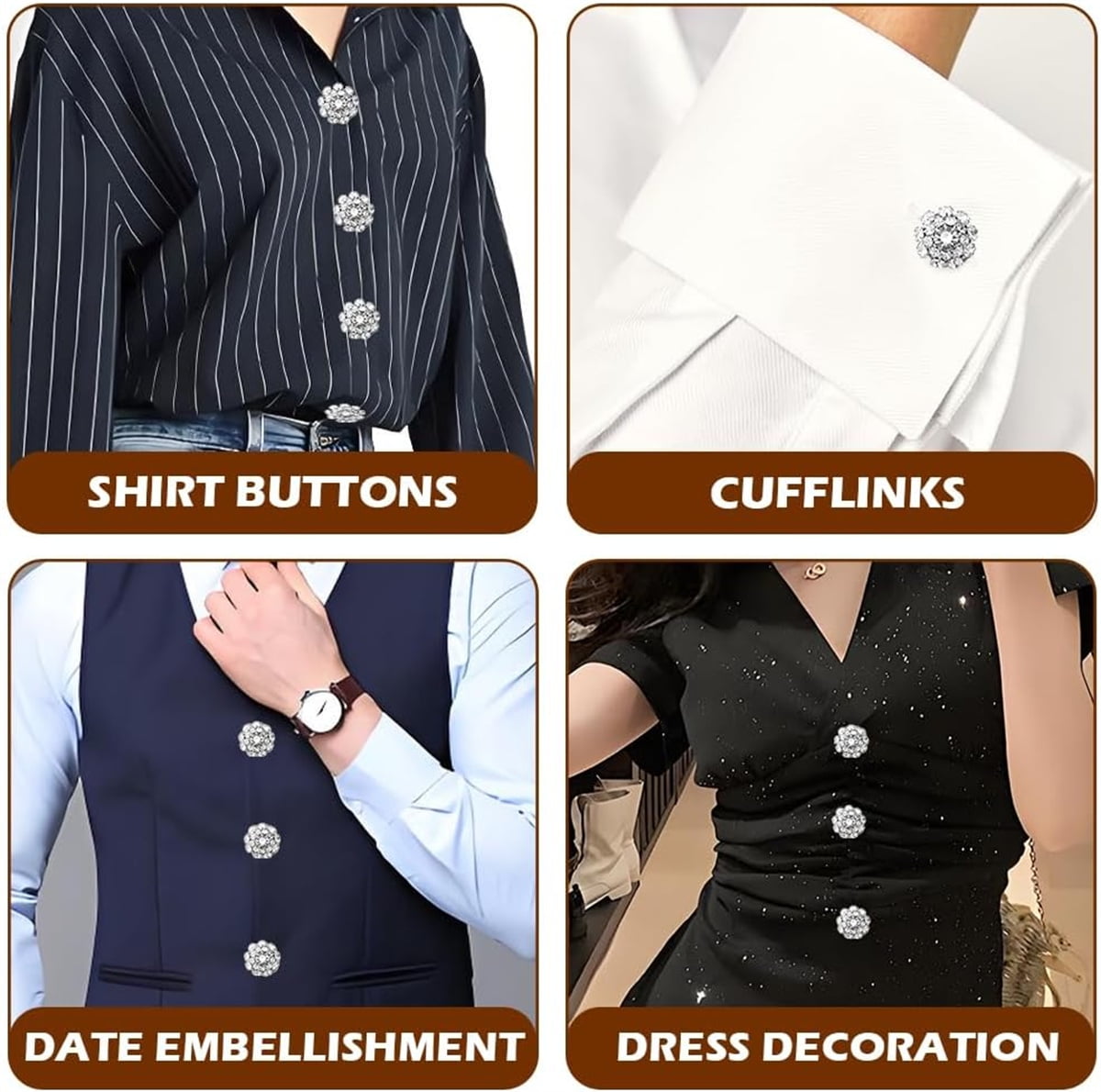 Rhinestone Button Cover Tutuviw 5 Pcs Golden Crystal Cover for Women Blouses Detachable Shirt Clips Buttons Crystal Fancy Buttons for Dress Suit Jeans Clothing DIY Holiday Decoration Embellishments Silver - Image 4