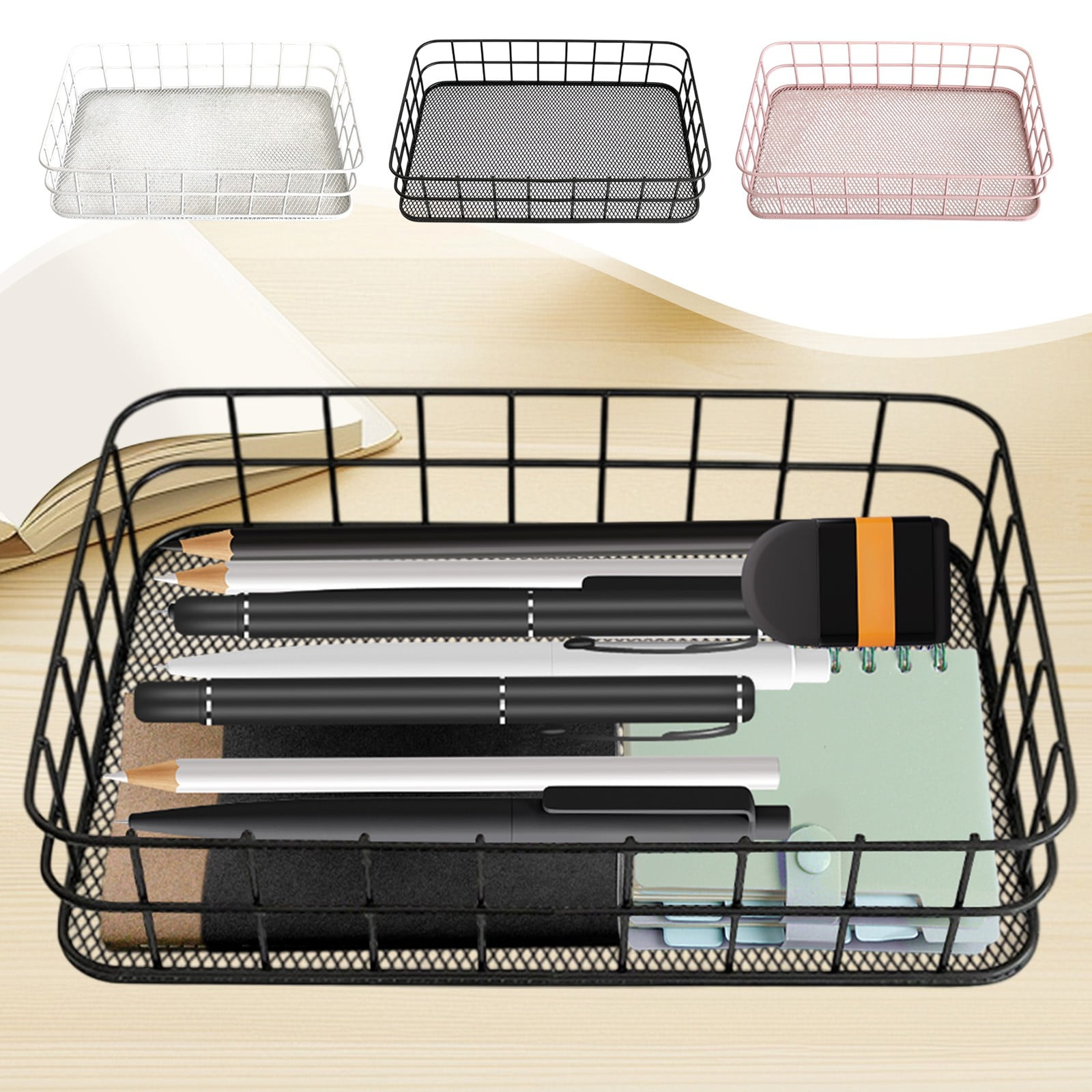 Desktop Metal Storage Basket, Grids Storage Tray Small Wires Baskets Fruit Basket Metal Organizer Tray for Home Decoration, Closets, Fridge, Kitchen Black - Image 1