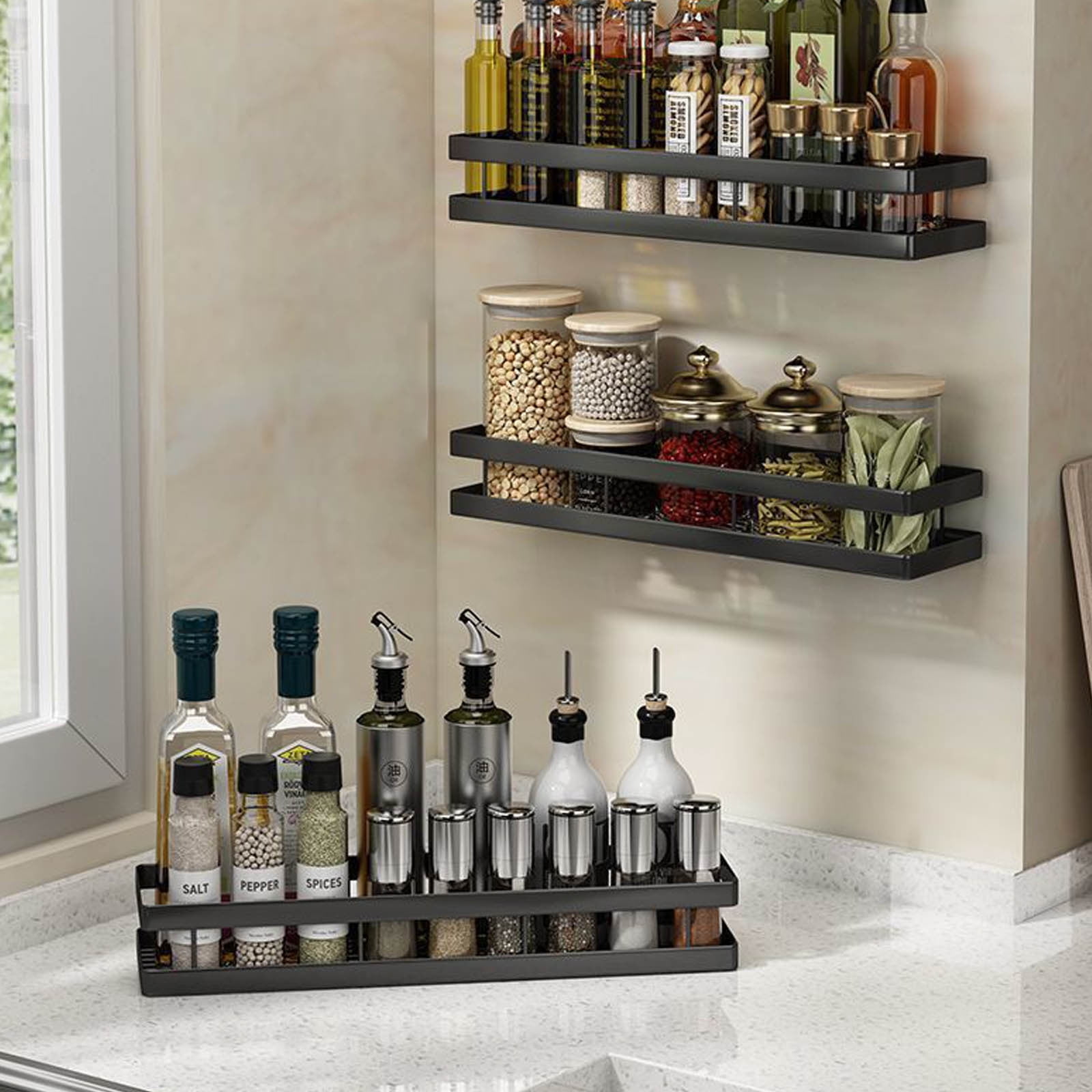 Metal Spice Rack, Wall Mount Floating Shelves, Black Storage organizer, Wall-mounted Household Spice Jars Rack, Wall Multi-function Storage Racks, for Cabinet Door, Pantry, Kitchen/Bathroom Supplies Black - Image 6