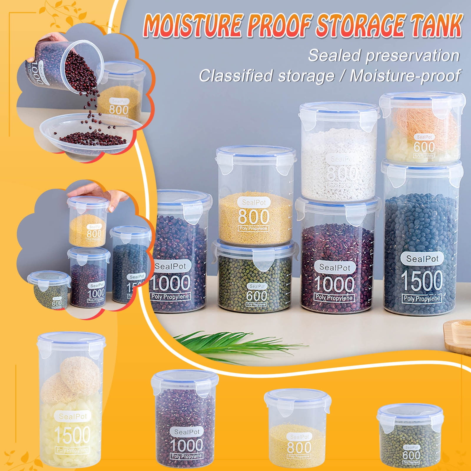 Clear Sealed Food Containers, 800ml Plastic Stackable Leakproof Storage Jar with Locking Lid, Kitchen Gadget for Rice Beans Storage B - Image 3