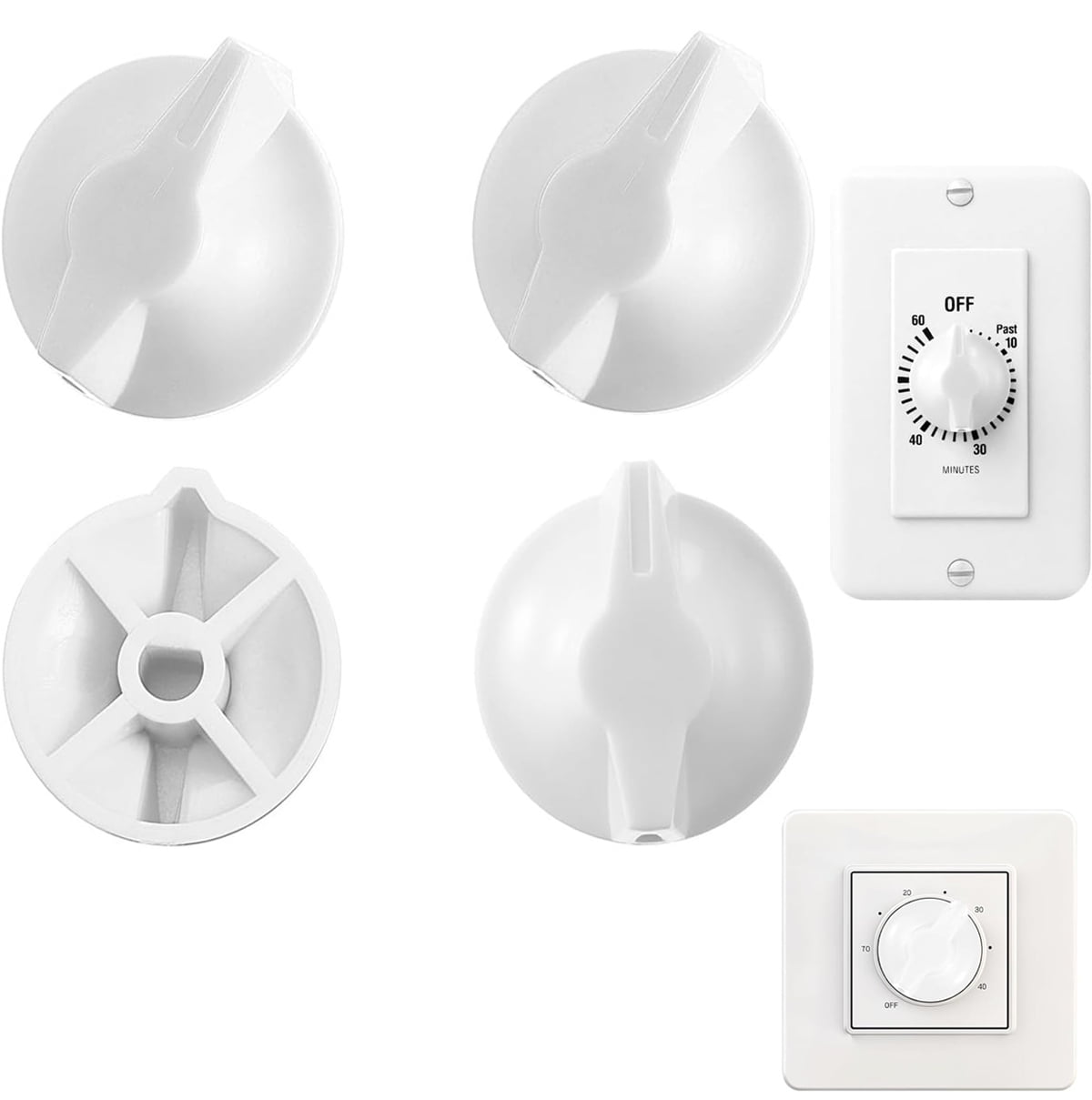 Tutuviw 2 Pack Timer Switch Knob Replacement Timer Switch Knob Compatible Spring Wound Timers D-Type Timer Knob for Wall Bathroom Fan Motor Heater Light (White) - Image 1