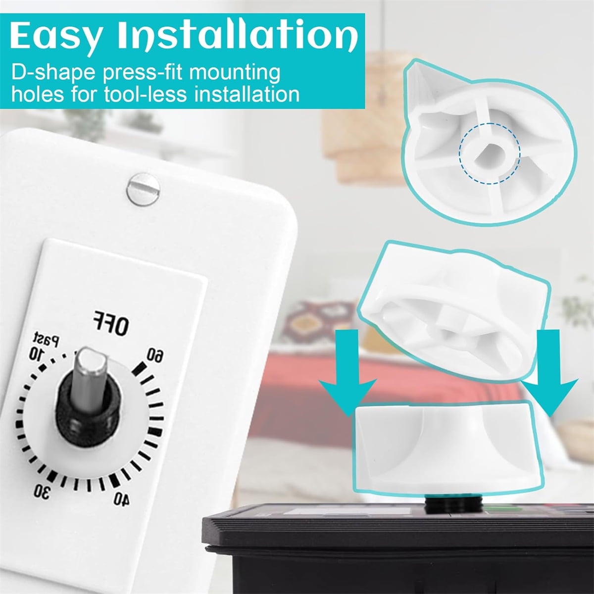 Tutuviw 2 Pack Timer Switch Knob Replacement Timer Switch Knob Compatible Spring Wound Timers D-Type Timer Knob for Wall Bathroom Fan Motor Heater Light (White) - Image 3