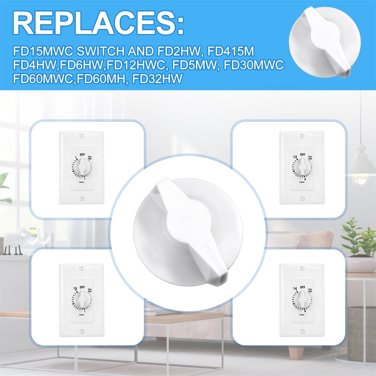 Tutuviw 2 Pack Timer Switch Knob Replacement Timer Switch Knob Compatible Spring Wound Timers D-Type Timer Knob for Wall Bathroom Fan Motor Heater Light (White) - Image 4