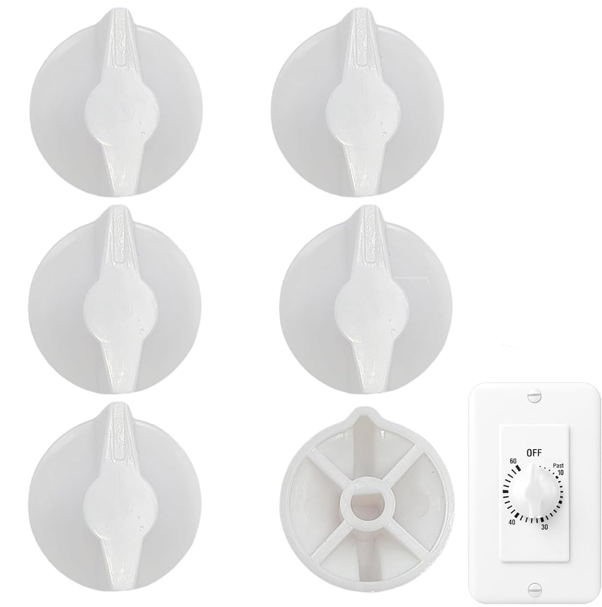 Tutuviw 2 Pack Timer Switch Knob Replacement Timer Switch Knob Compatible Spring Wound Timers D-Type Timer Knob for Wall Bathroom Fan Motor Heater Light (White) - Image 1