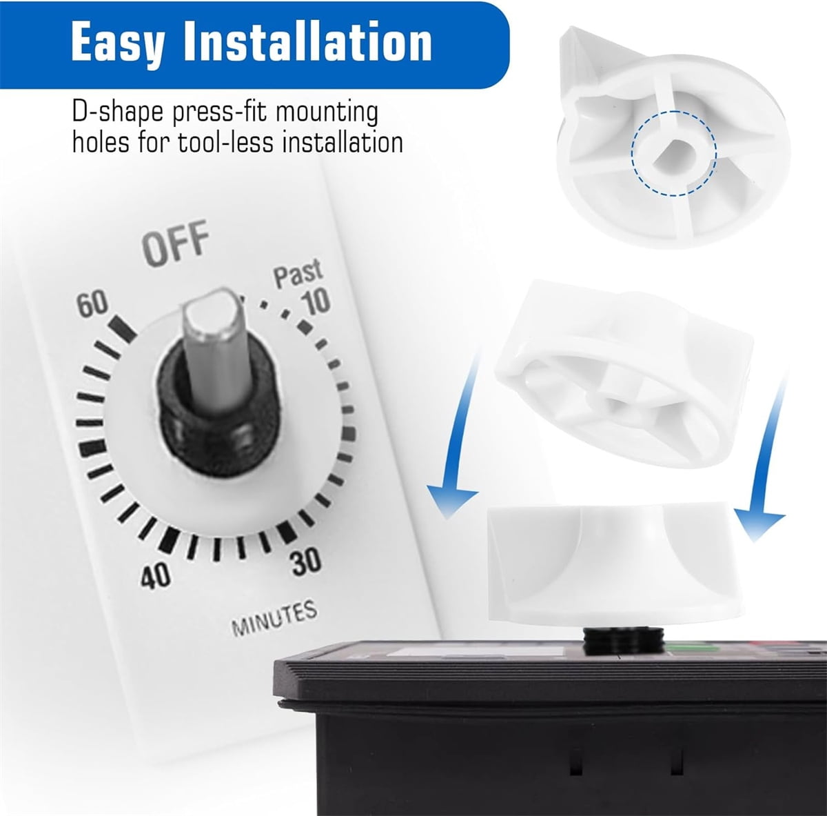 Tutuviw 2 Pack Timer Switch Knob Replacement Timer Switch Knob Compatible Spring Wound Timers D-Type Timer Knob for Wall Bathroom Fan Motor Heater Light (White) - Image 3