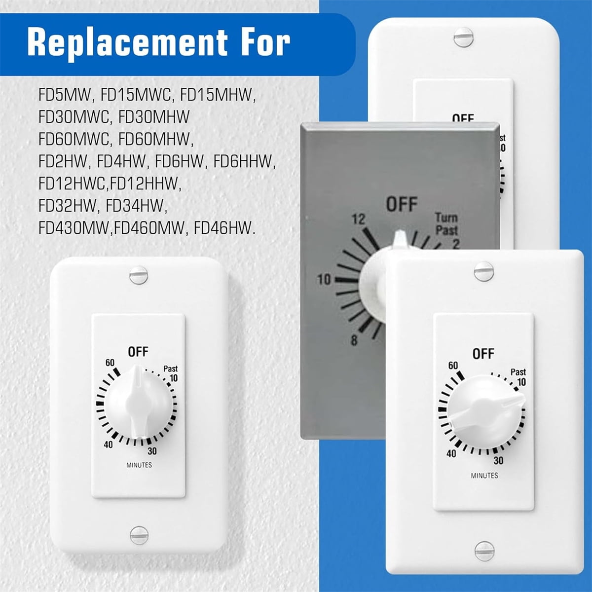 Tutuviw 2 Pack Timer Switch Knob Replacement Timer Switch Knob Compatible Spring Wound Timers D-Type Timer Knob for Wall Bathroom Fan Motor Heater Light (White) - Image 5