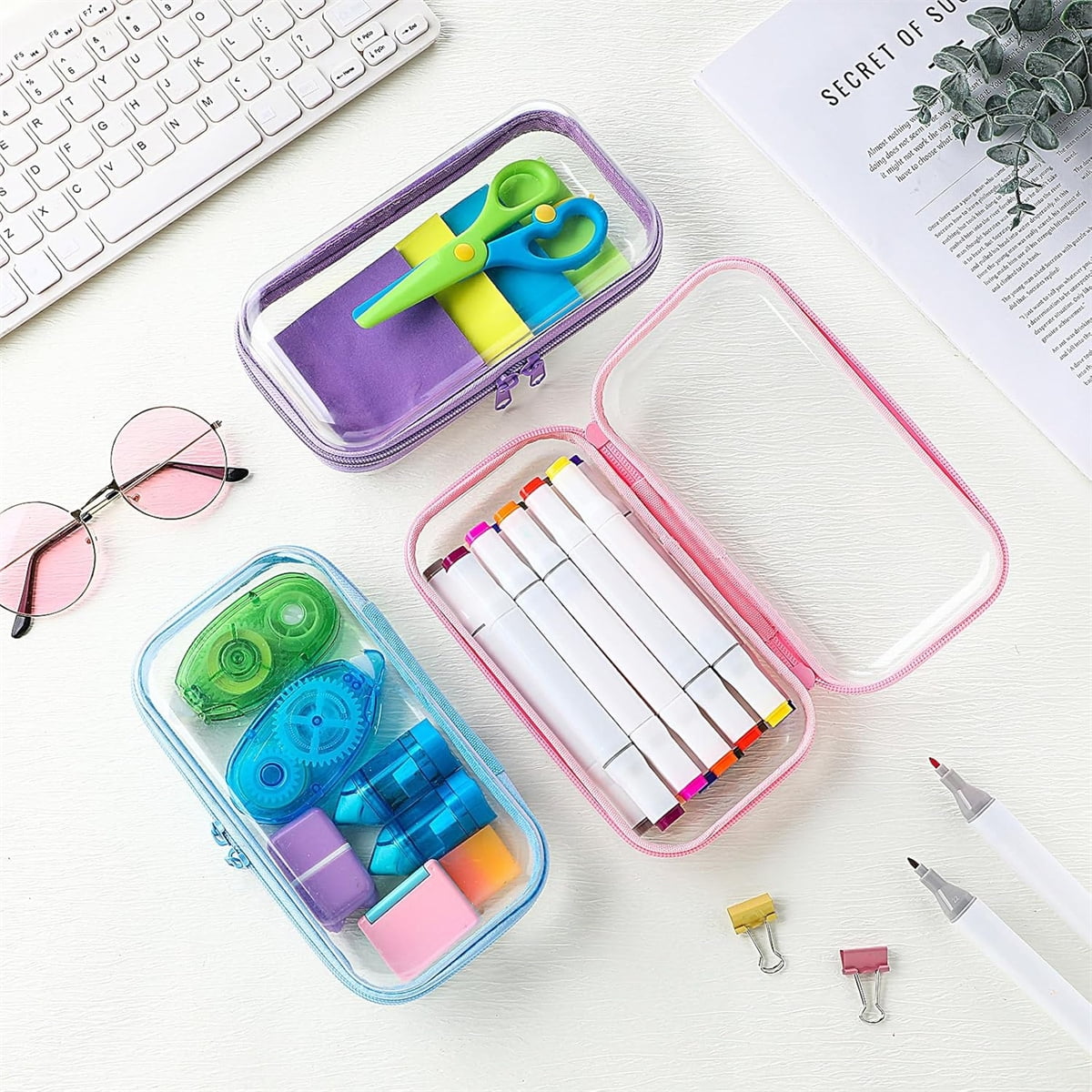 Clear Hard Shell Zipper Case Tutuviw 3 Pcs Plastic Clear Storage Zipper Case Transparent Waterproof Hard Pouches Hard Sided Pencil Case Clear Zipper Toys Puzzles Organizer Bin (4 Colors, S) - Image 6