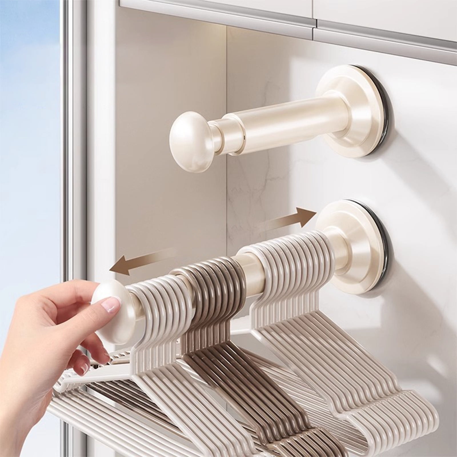 2PCS Retractable Clothes Hanger Storage Rack, Extendable Clothes Hanger with Suction Cup, Space Saving Household Tool for Closet Washer Dryer Beige - Image 1