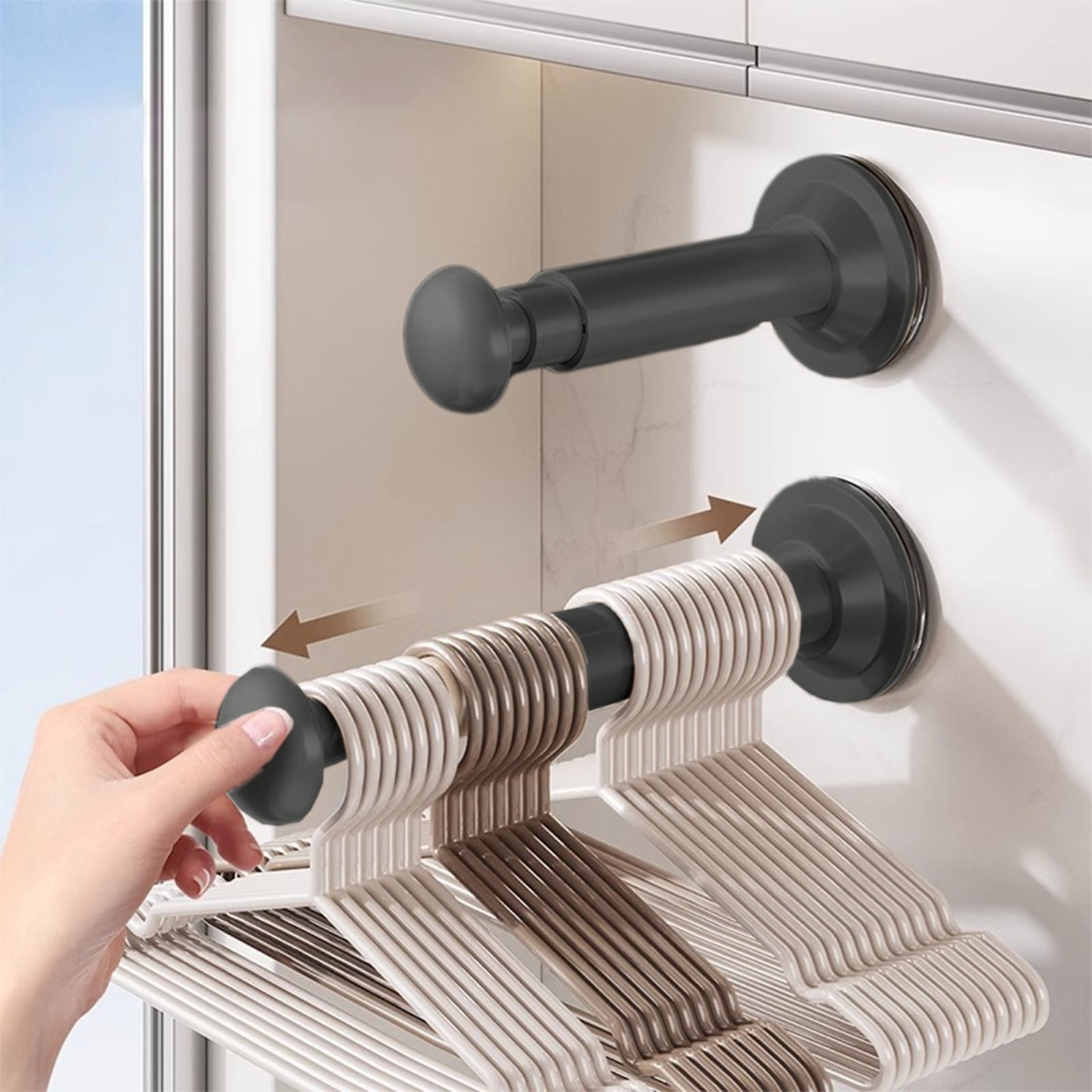 2PCS Retractable Clothes Hanger Storage Rack, Extendable Clothes Hanger with Suction Cup, Space Saving Household Tool for Closet Washer Dryer Black - Image 1