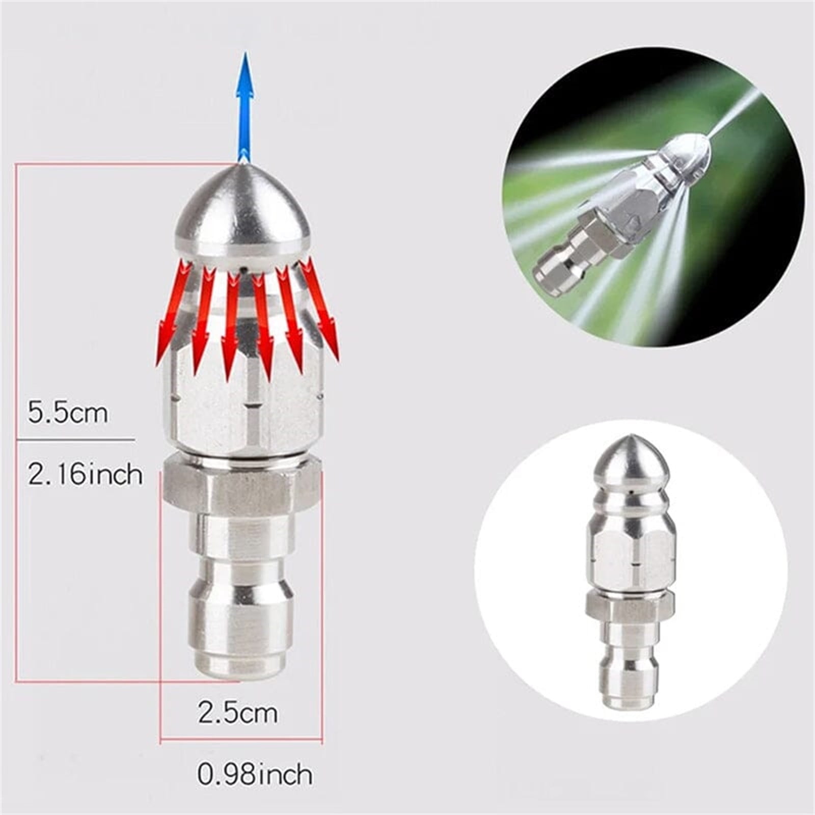 Pressure Washer Sewer Jetter Nozzle with Stainless Steel, Mini Compact Durable Sewer Jet Nozzle, Pressure Drain Jetter Nozzle, Sewer Cleaning Tool, for Pipe Unclogging Silver - Image 4