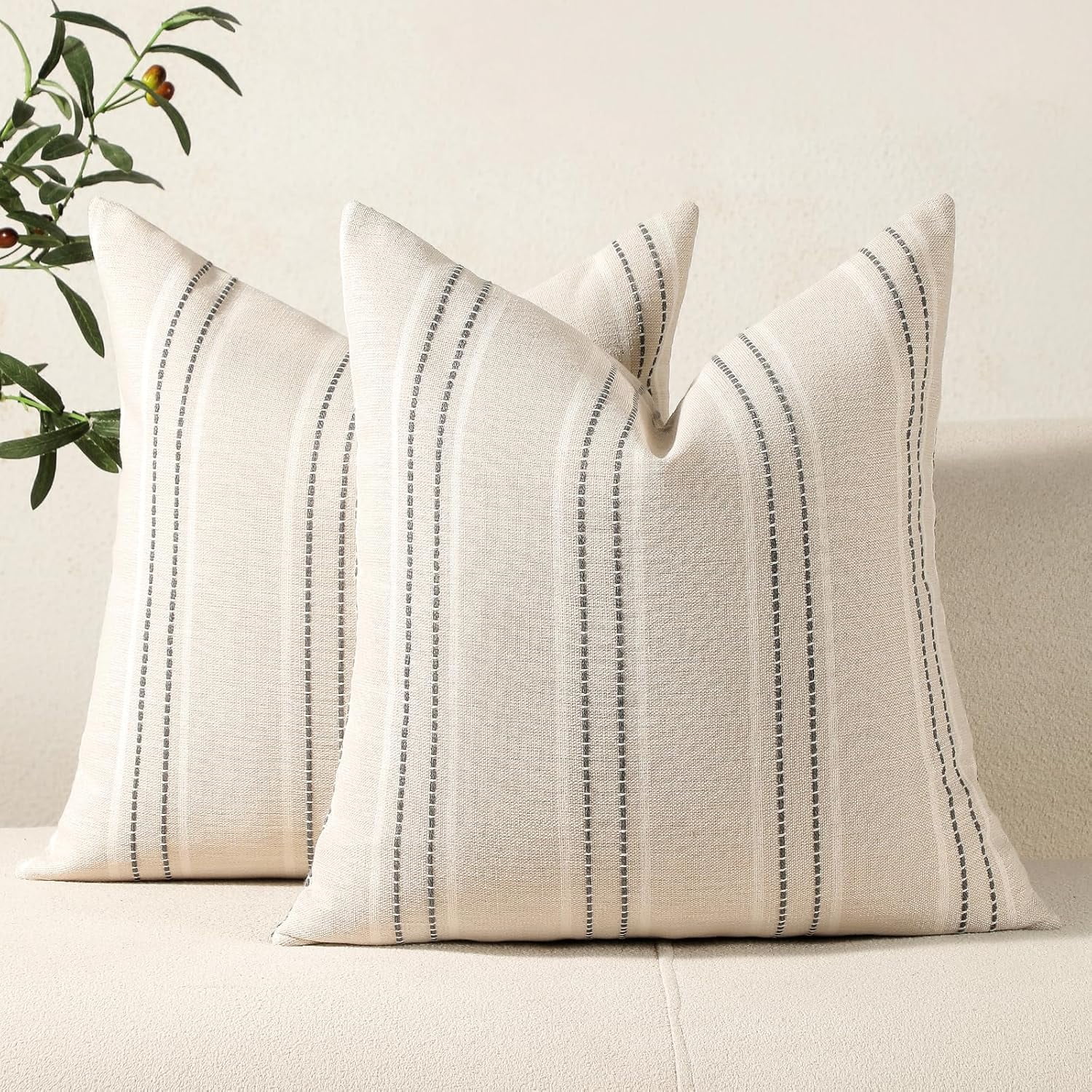 Throw Pillow Covers 20x20 Set of 2 Striped Pillow Covers Textured Linen Decorative Pillows Square Cushion Covers for Sofa Couch Bed Living Room Farmhouse Decor, Grey - Image 1