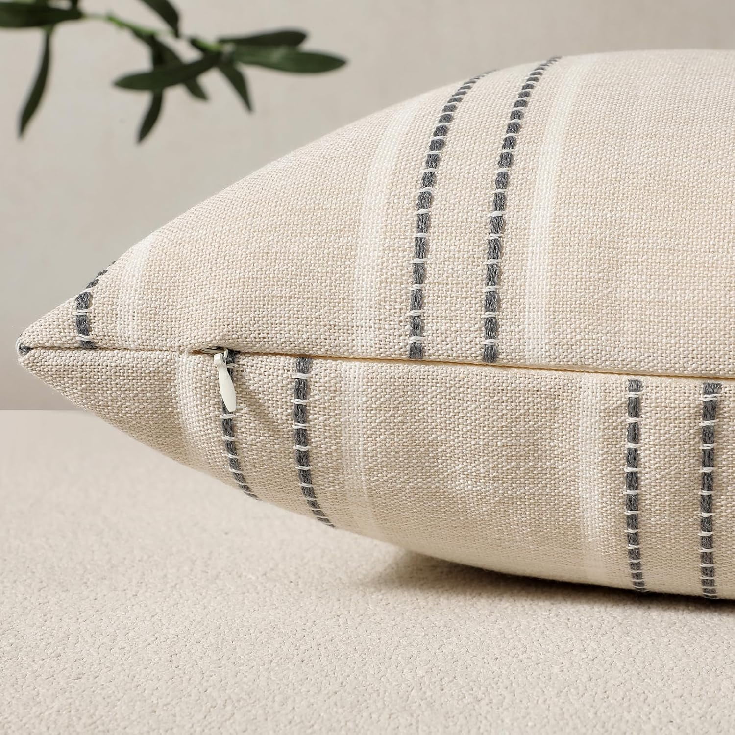Throw Pillow Covers 20x20 Set of 2 Striped Pillow Covers Textured Linen Decorative Pillows Square Cushion Covers for Sofa Couch Bed Living Room Farmhouse Decor, Grey - Image 2